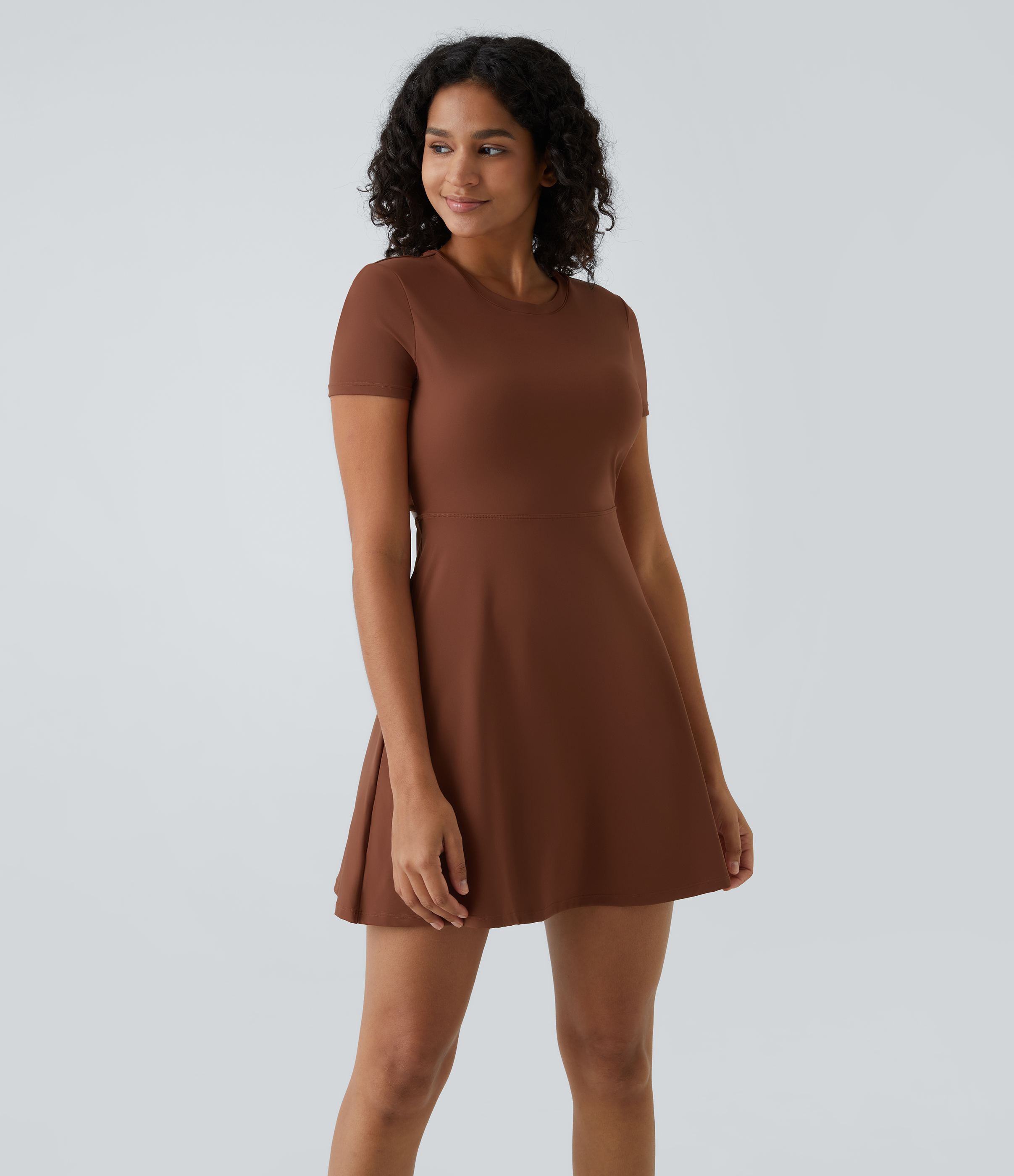 Halara Backless Twisted Cut Out Flare Mini Dance Active Dress Workout Dress - Brandy Brown - XL 
