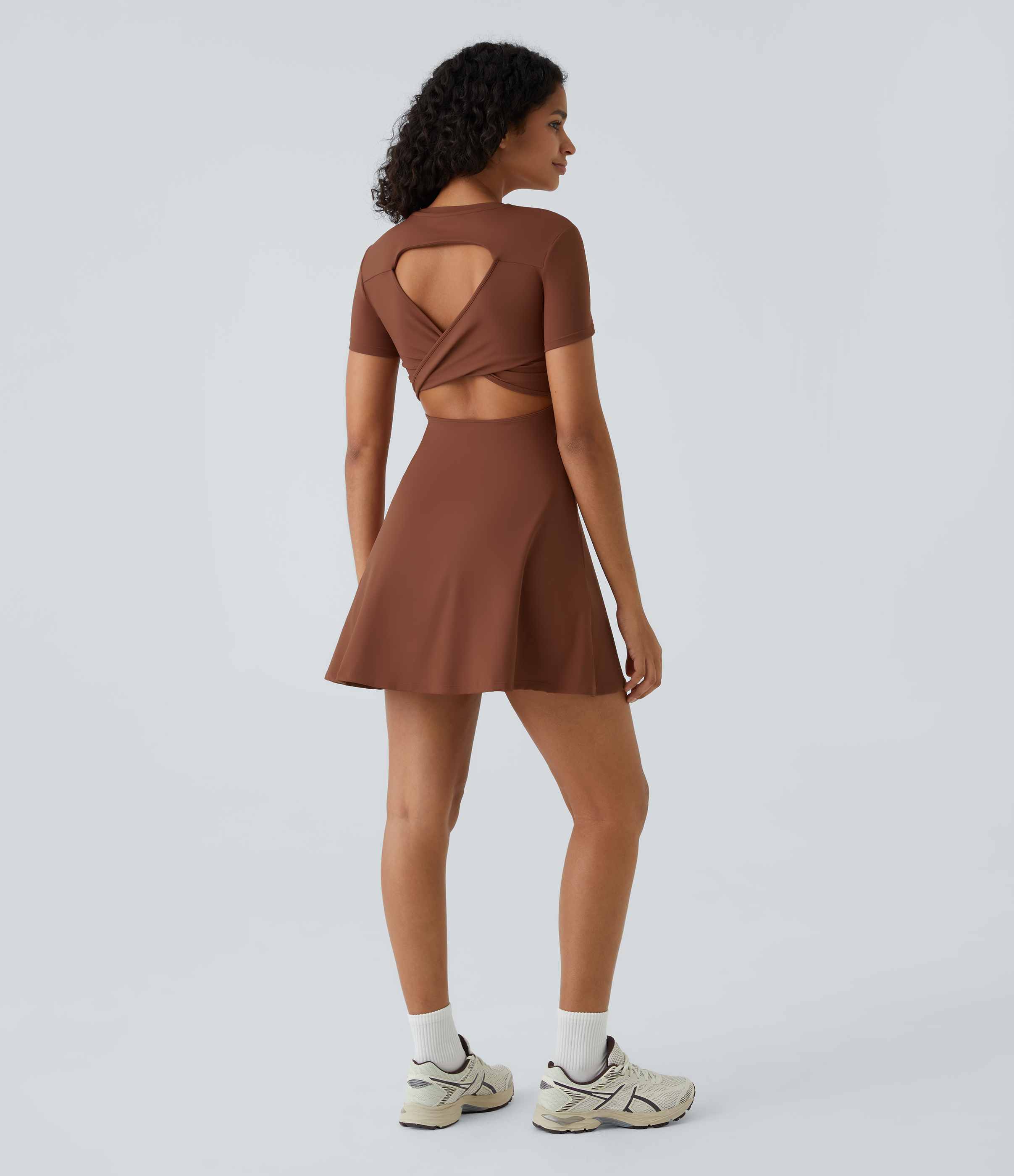 Halara Backless Twisted Cut Out Flare Mini Dance Active Dress Workout Dress - Brandy Brown - XL 