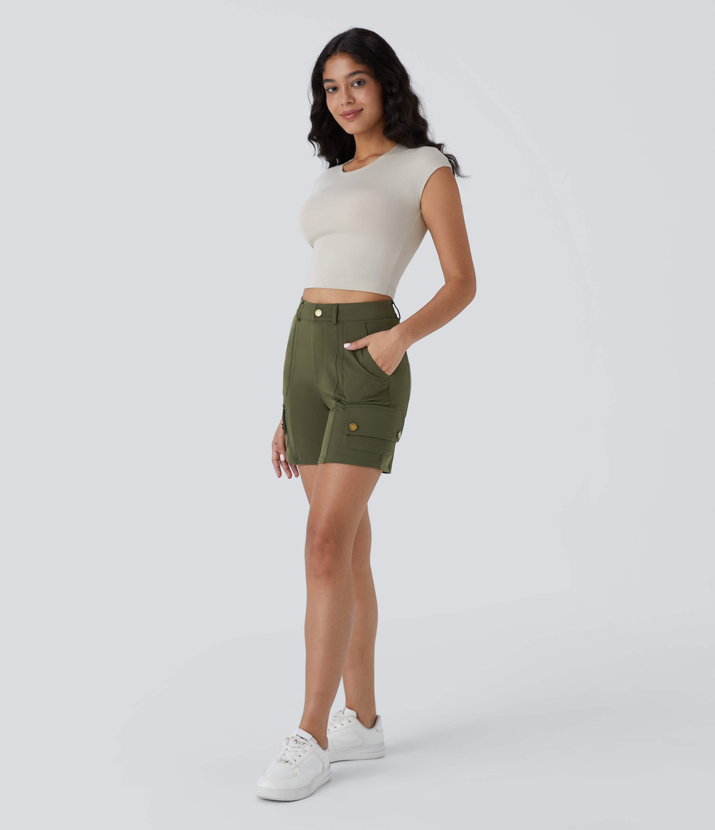 Halara High Waisted Button Zipper Multiple Pockets Cargo Shorts Gym Short - Forest Night - XL booty shorts compression shorts yoga shorts 