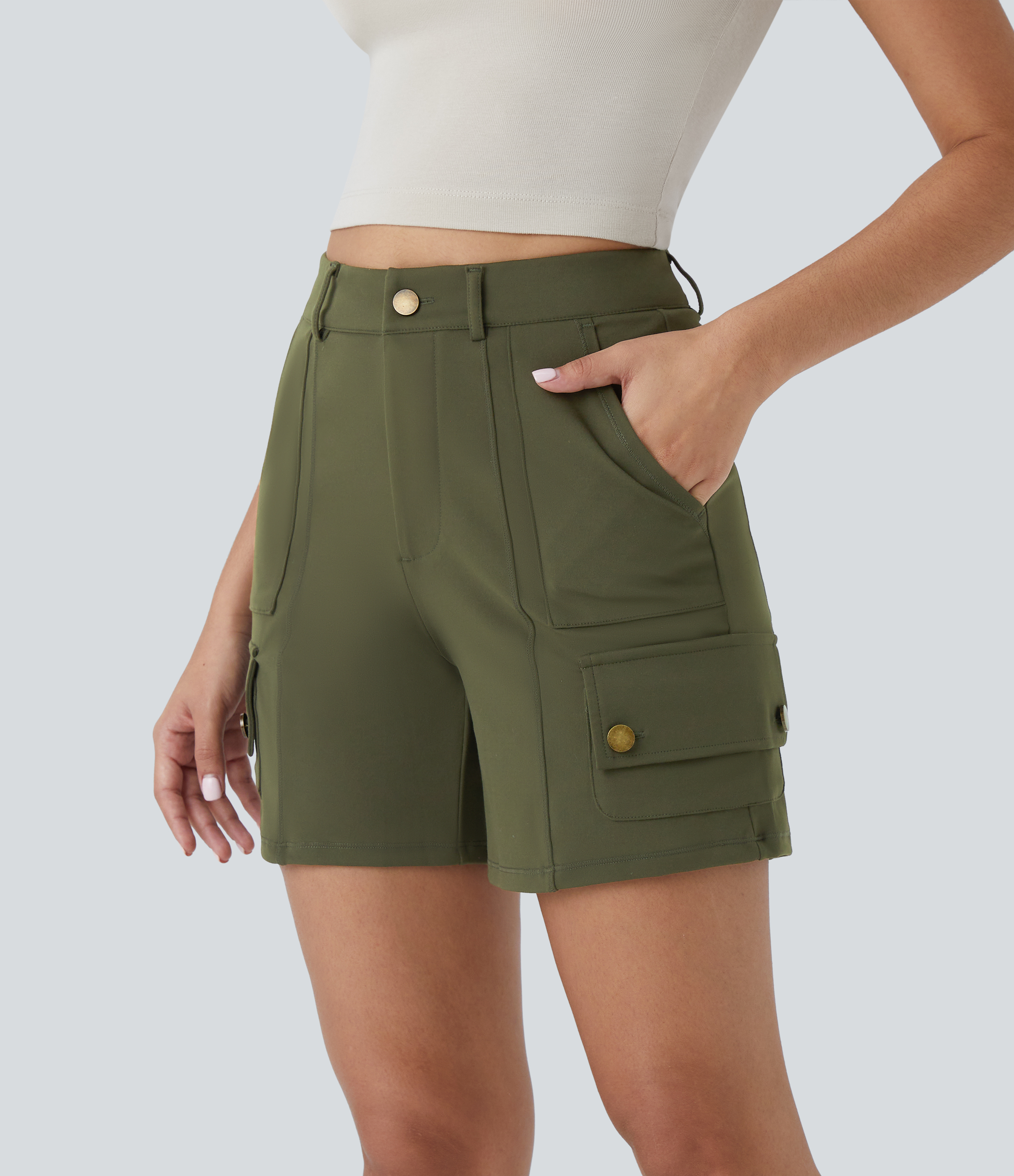 Halara High Waisted Button Zipper Multiple Pockets Cargo Shorts Gym Short - Forest Night - XL booty shorts compression shorts yoga shorts 