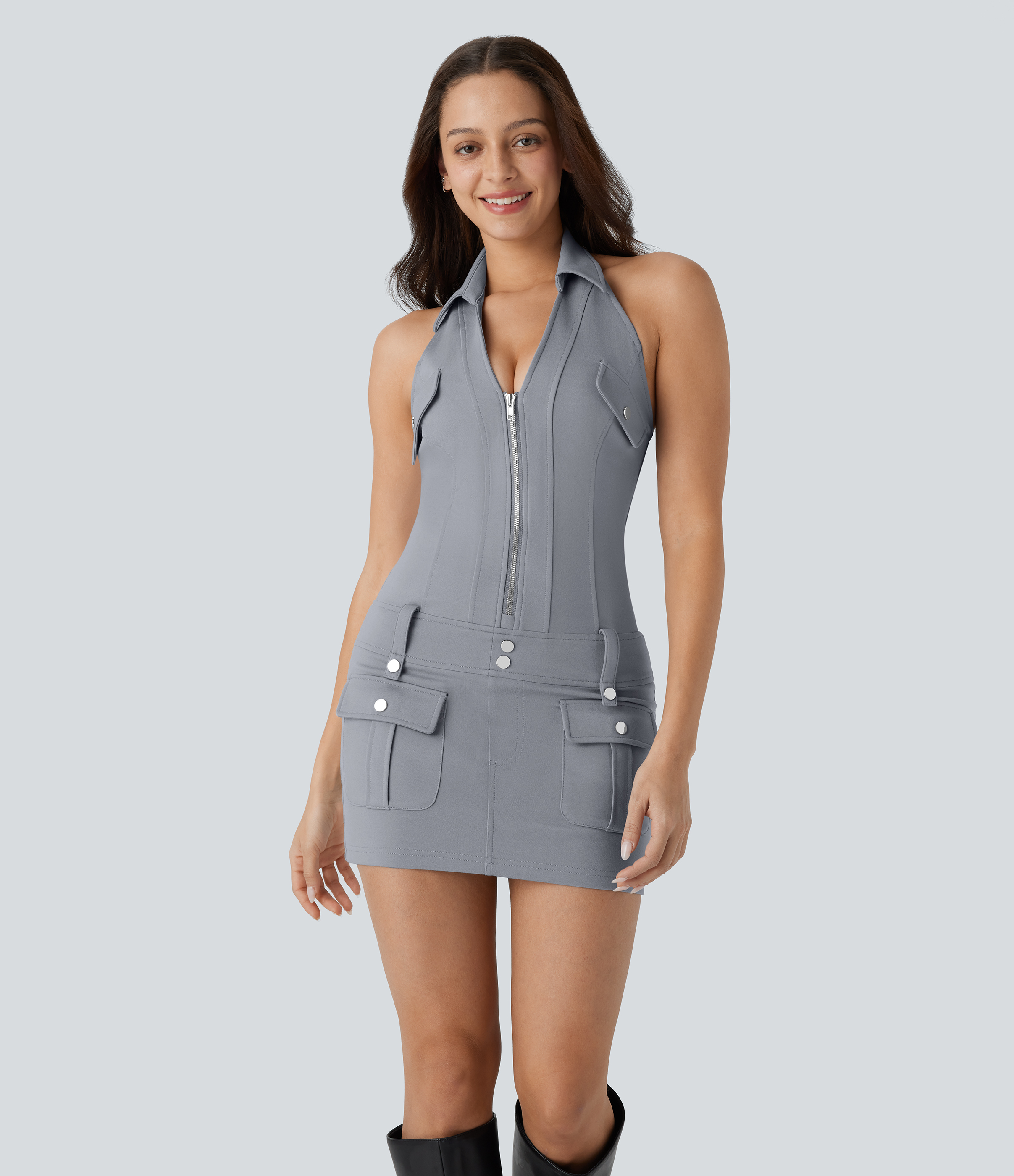 Halara Halter Collared V Neck Zipper Backless Multiple Pockets Bodycon Micro Mini Party Dress Casual Dress - Tradewinds - XS slip dress 
