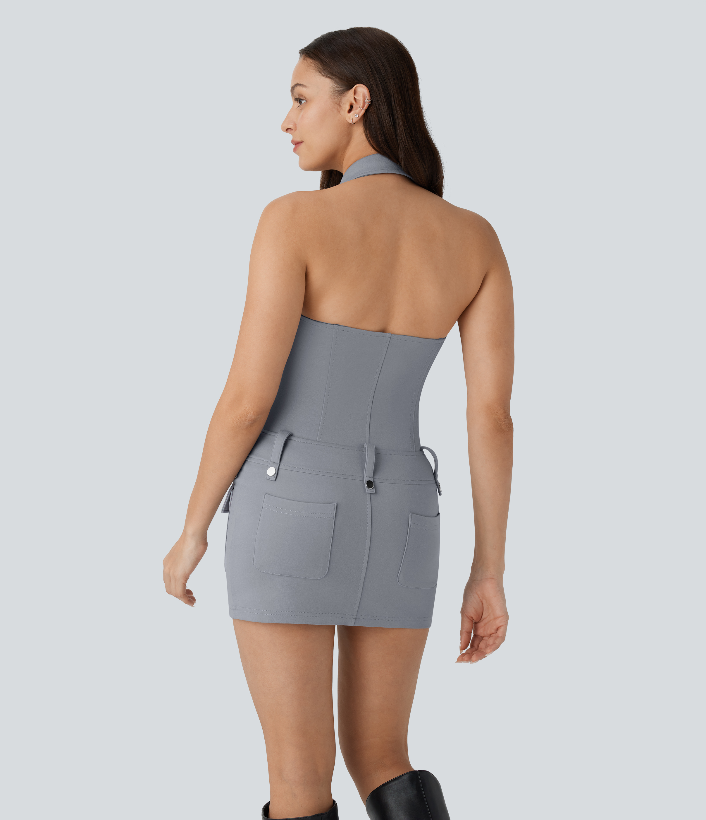 Halara Halter Collared V Neck Zipper Backless Multiple Pockets Bodycon Micro Mini Party Dress Casual Dress - Tradewinds - XS slip dress 