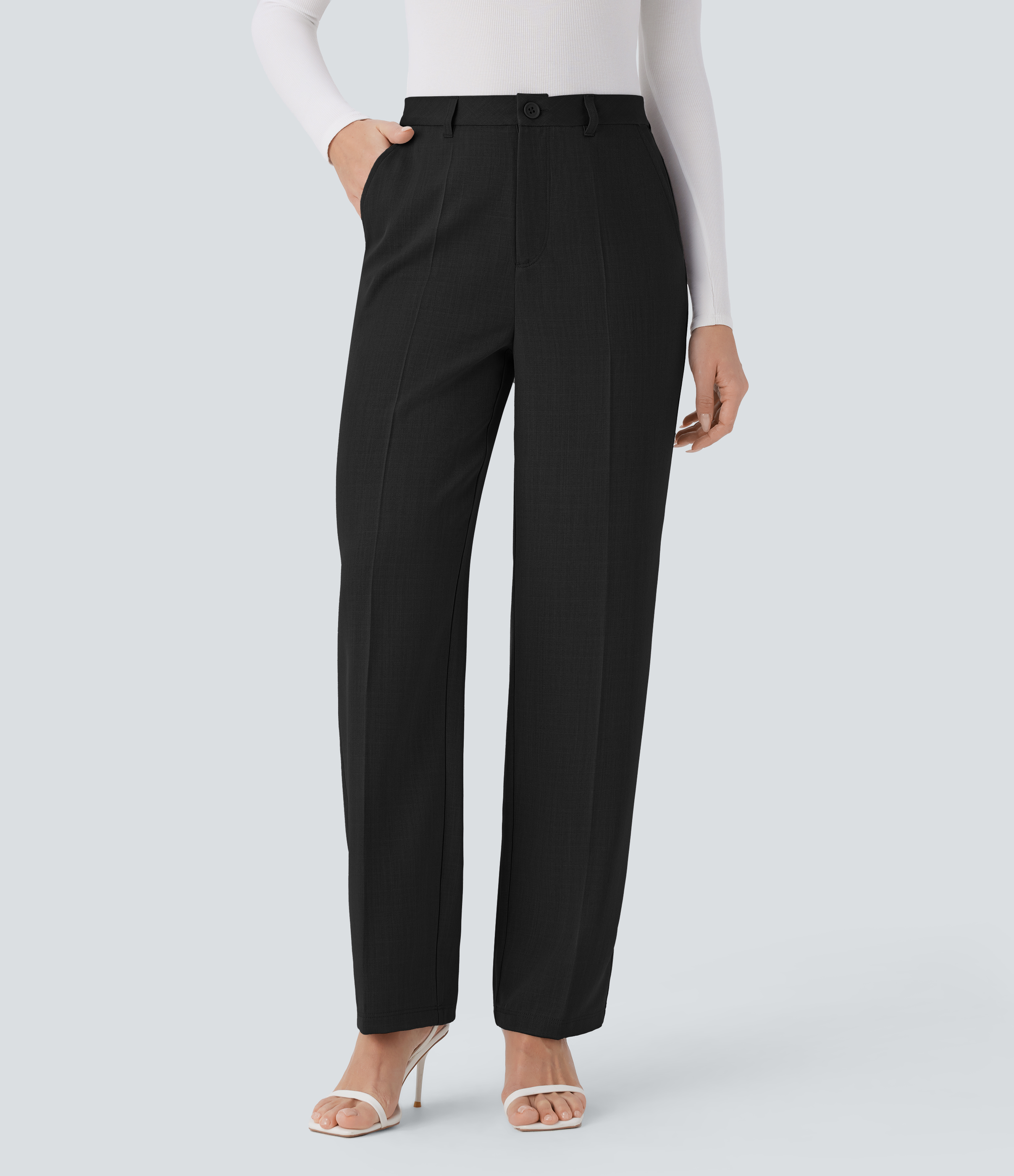 Halara High Waisted Side Pocket Straight Leg Work Pants  - Black - XL(regular) sweatpants jogger pants stacked sweatpants cargo joggers 
