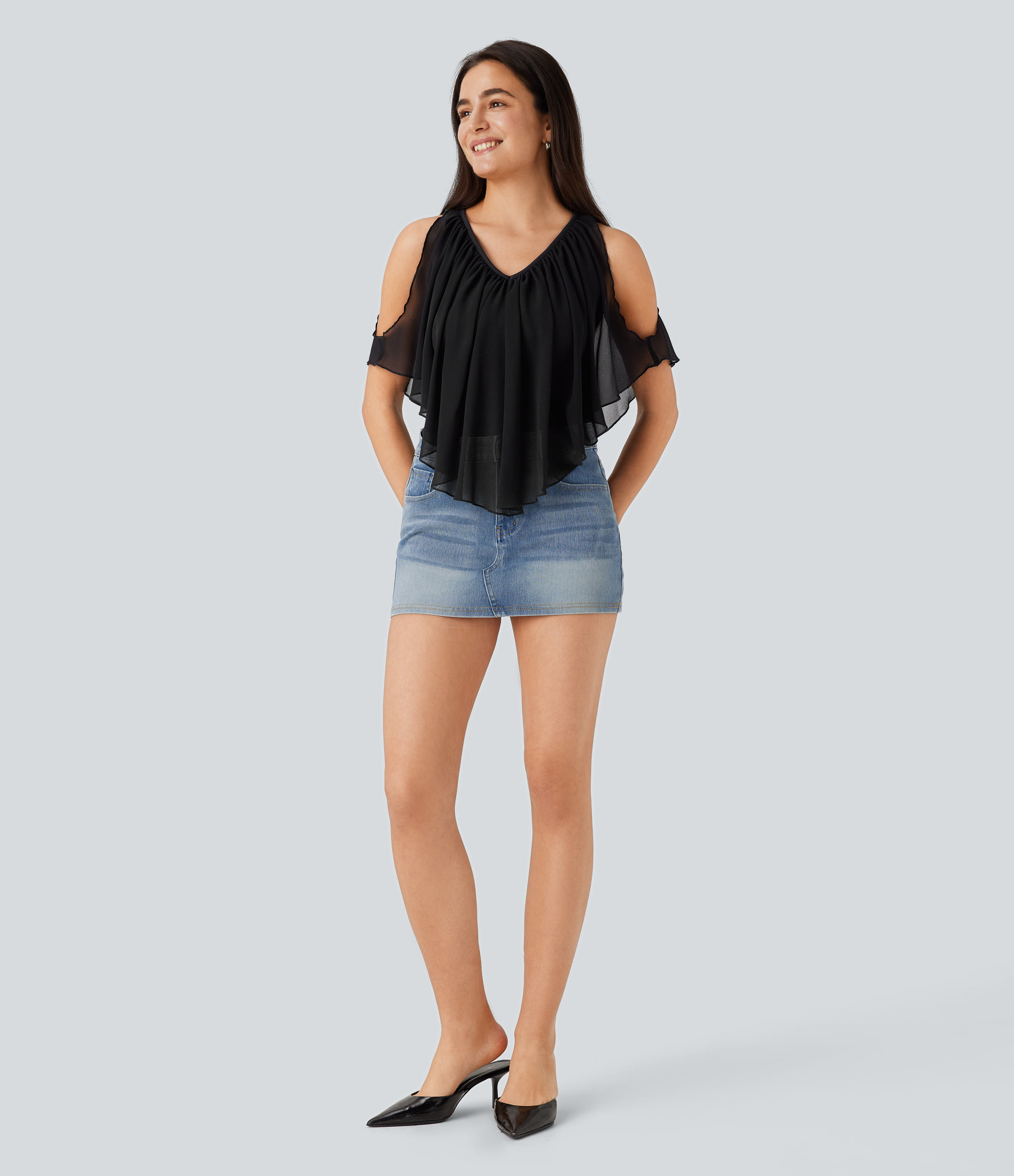 Halara Breezefulв„ў V Neck Cold Shoulder Contrast Chiffon Flowy Quick Dry Casual Top Tank Top - Black - L golf tops halter top tunic tops 