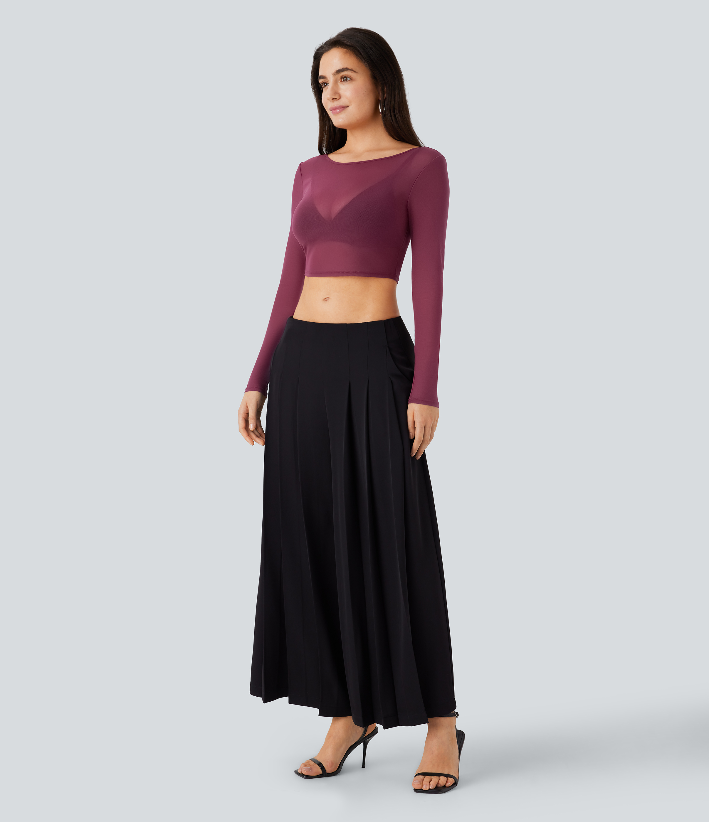 Halara Boat Neck Long Sleeve Sheer Mesh Cropped Party Top Tank Top - Oxblood Red - S golf tops halter top tunic tops sleeveless tops 