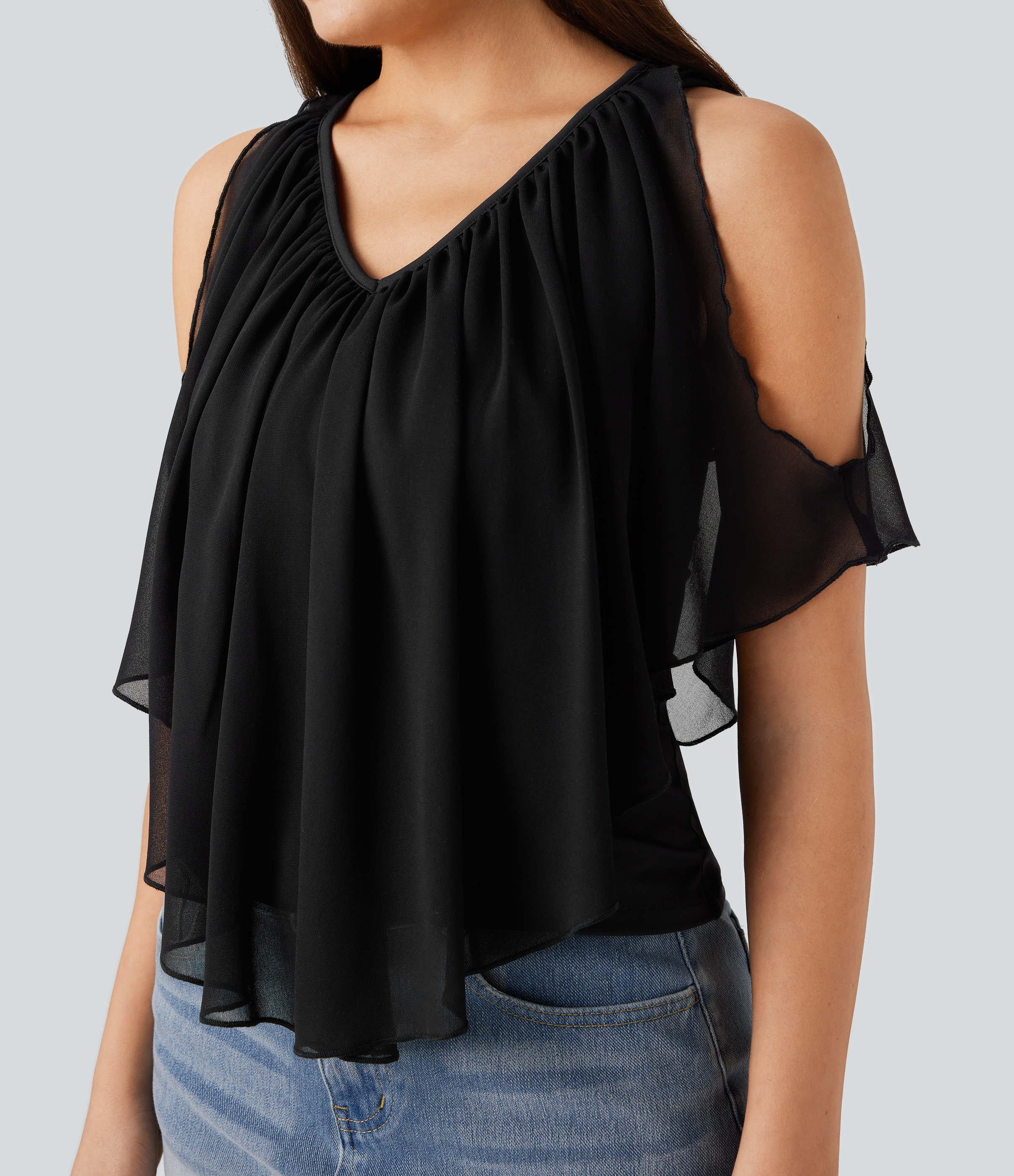 Halara Breezefulв„ў V Neck Cold Shoulder Contrast Chiffon Flowy Quick Dry Casual Top Tank Top - Black - L golf tops halter top tunic tops 