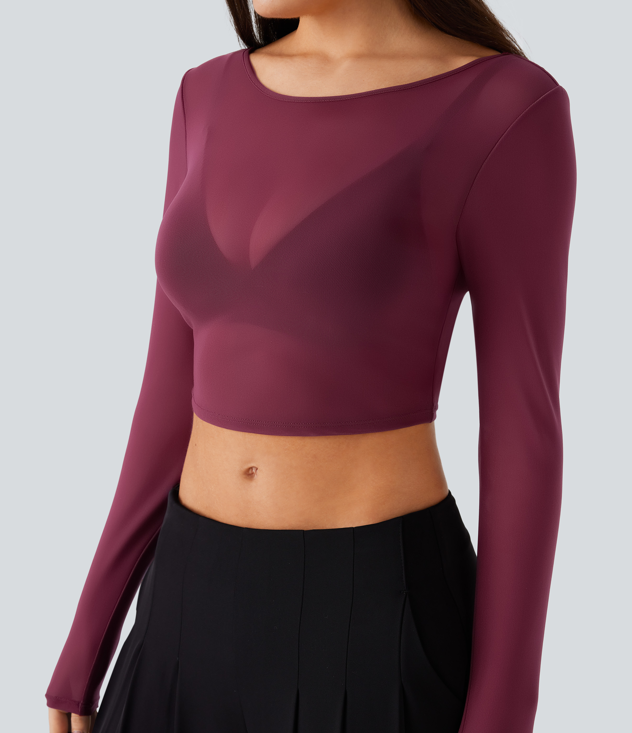 Halara Boat Neck Long Sleeve Sheer Mesh Cropped Party Top Tank Top - Oxblood Red - S golf tops halter top tunic tops sleeveless tops 
