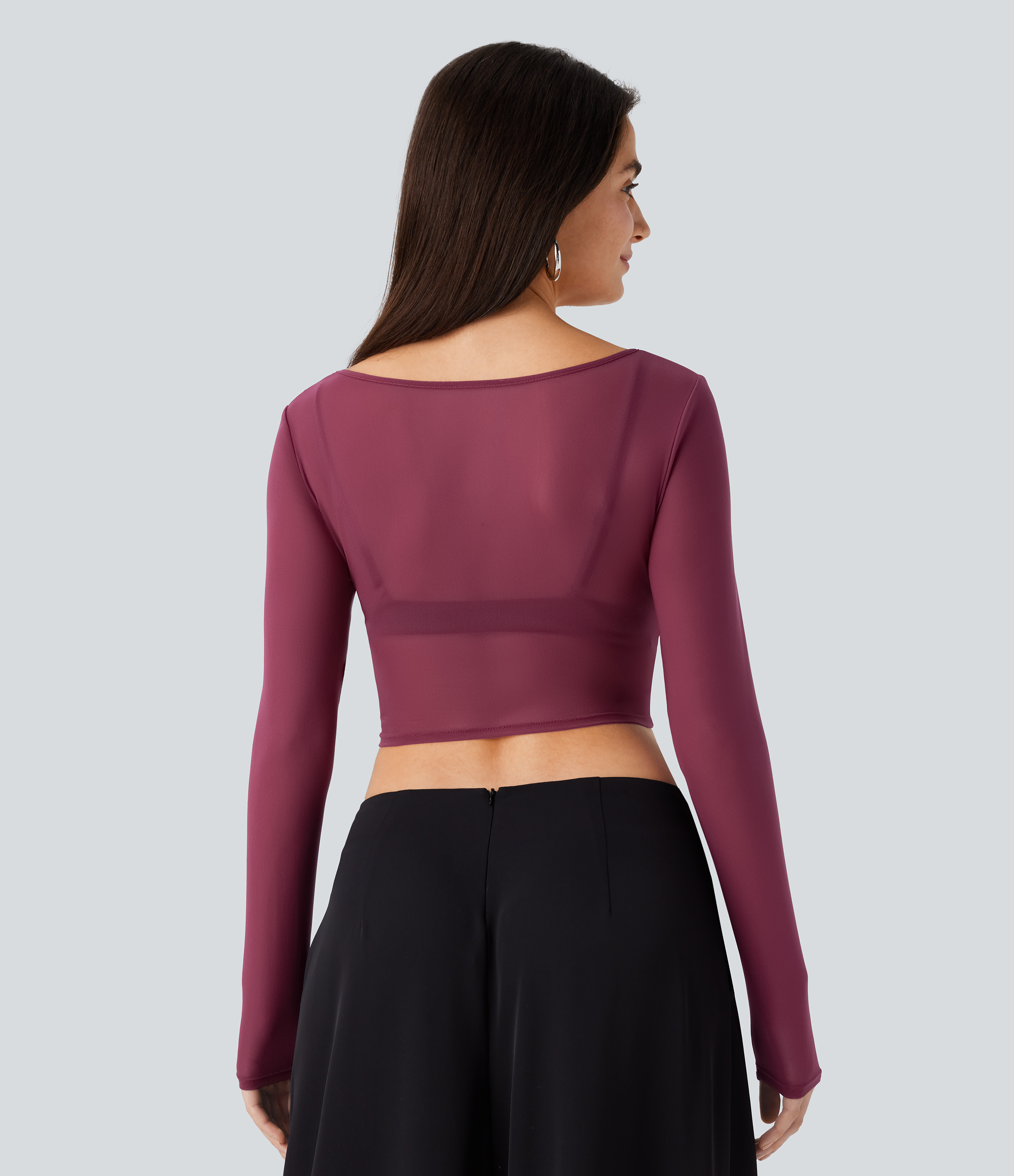 Halara Boat Neck Long Sleeve Sheer Mesh Cropped Party Top Tank Top - Oxblood Red - S golf tops halter top tunic tops sleeveless tops 
