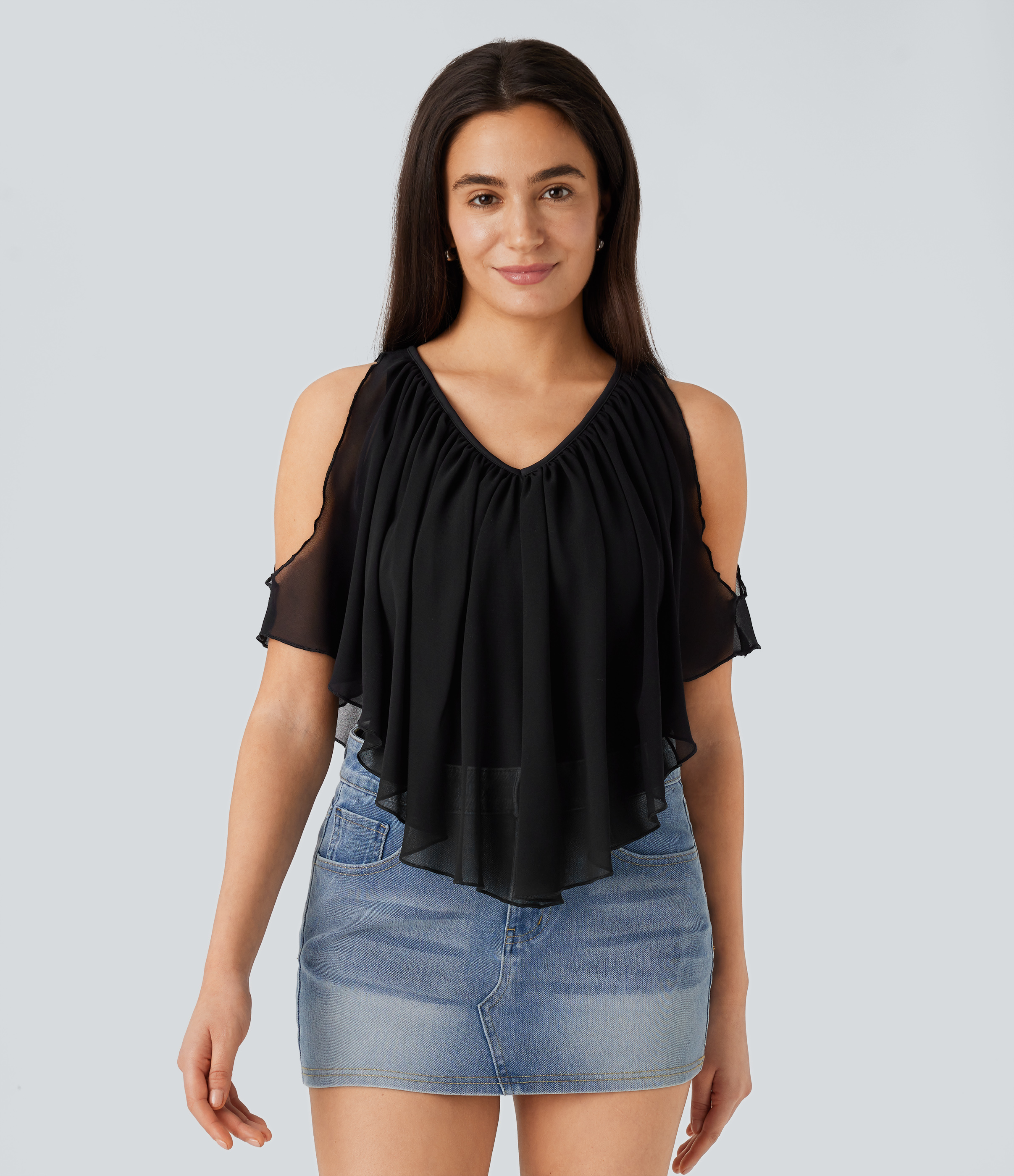 Halara Breezefulв„ў V Neck Cold Shoulder Contrast Chiffon Flowy Quick Dry Casual Top Tank Top - Black - L golf tops halter top tunic tops 