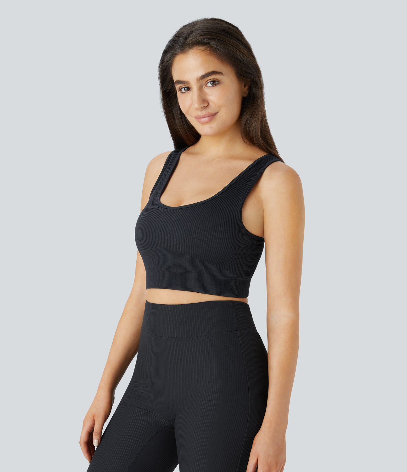 Halara Ribbed U Neck Backless Crisscross Lace Up Cropped Yoga Sports Top  - Black - M 