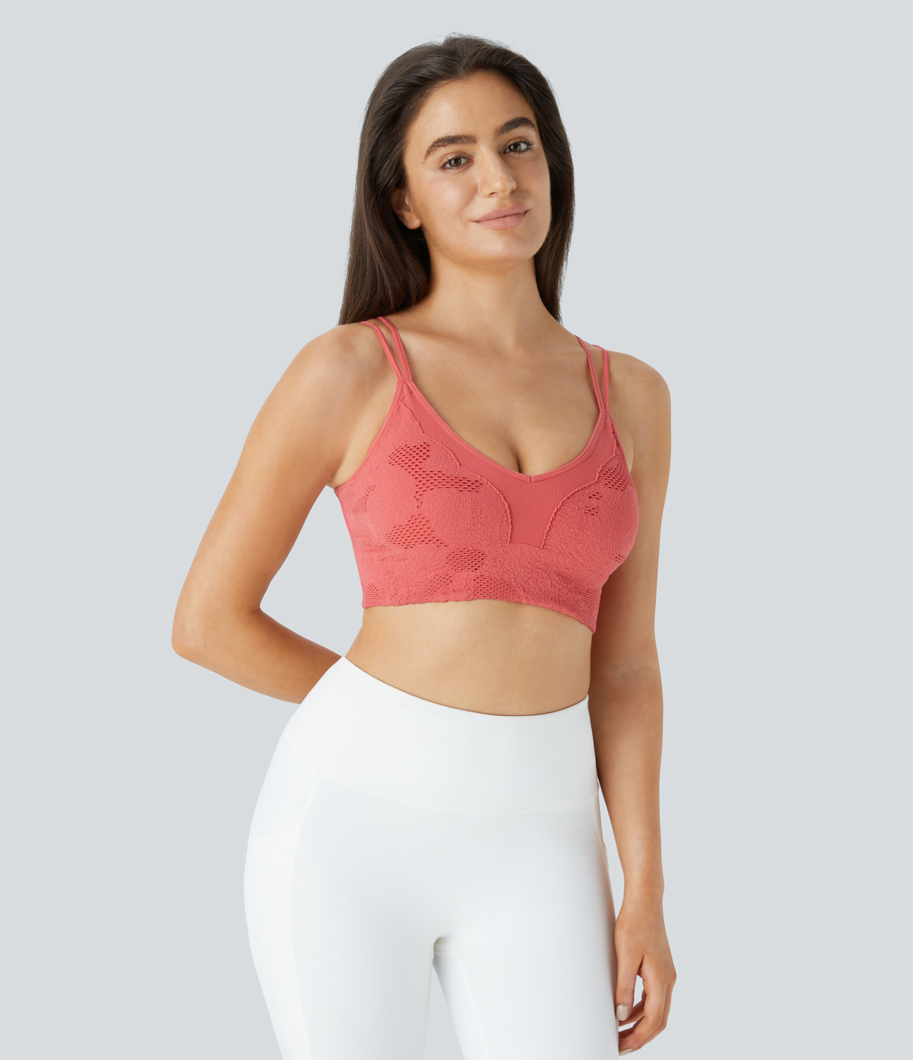Halara Seamless Flow Low Support Backless Crisscross Jacquard Yoga Sports Bra  - Porcelain Rose - M push up bra strapless bra backless bra 