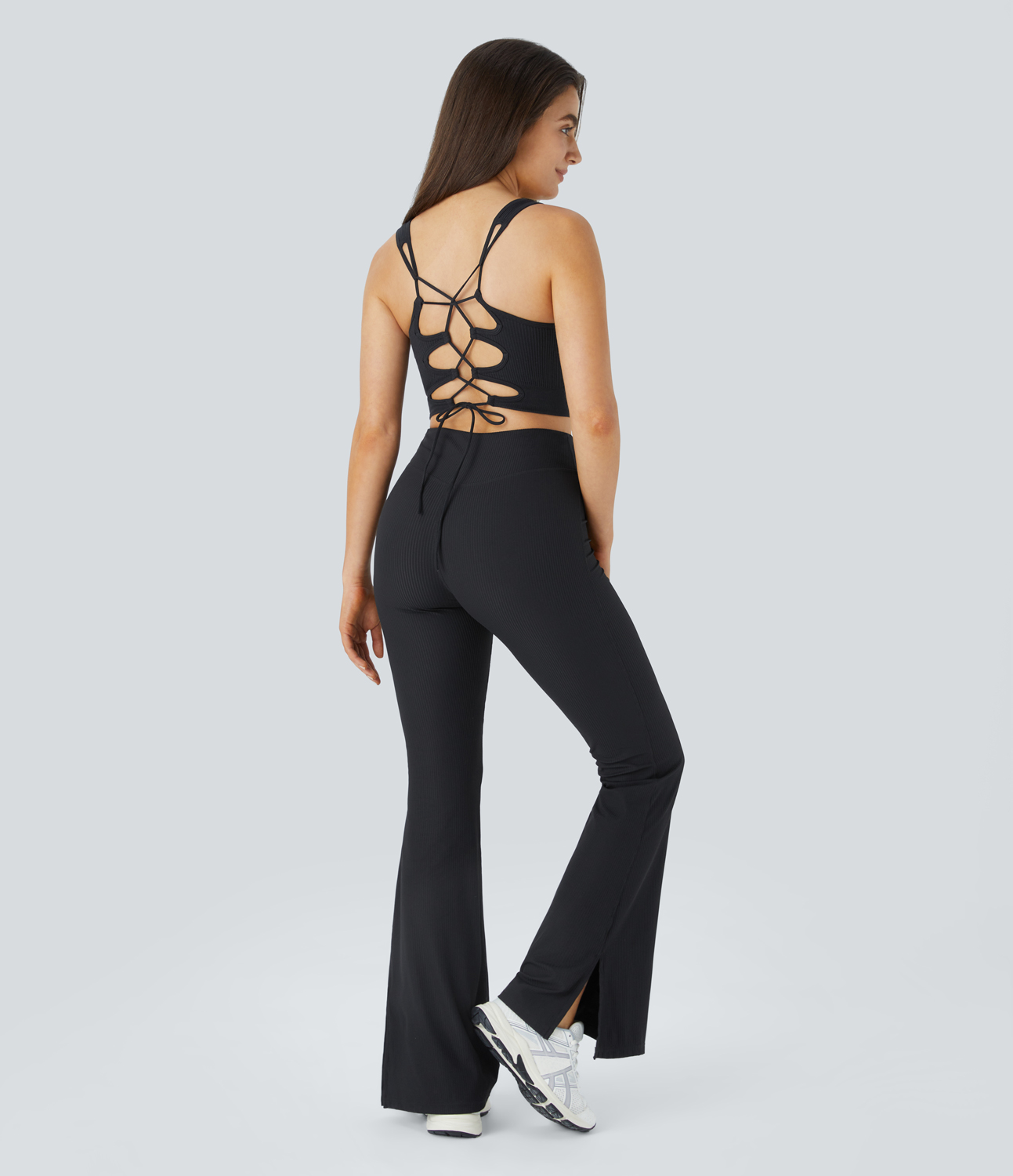 Halara Ribbed U Neck Backless Crisscross Lace Up Cropped Yoga Sports Top  - Black - M 
