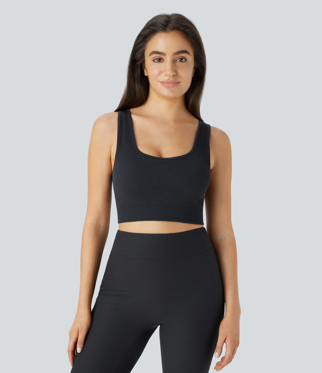 Halara Ribbed U Neck Backless Crisscross Lace Up Cropped Yoga Sports Top  - Black - M 