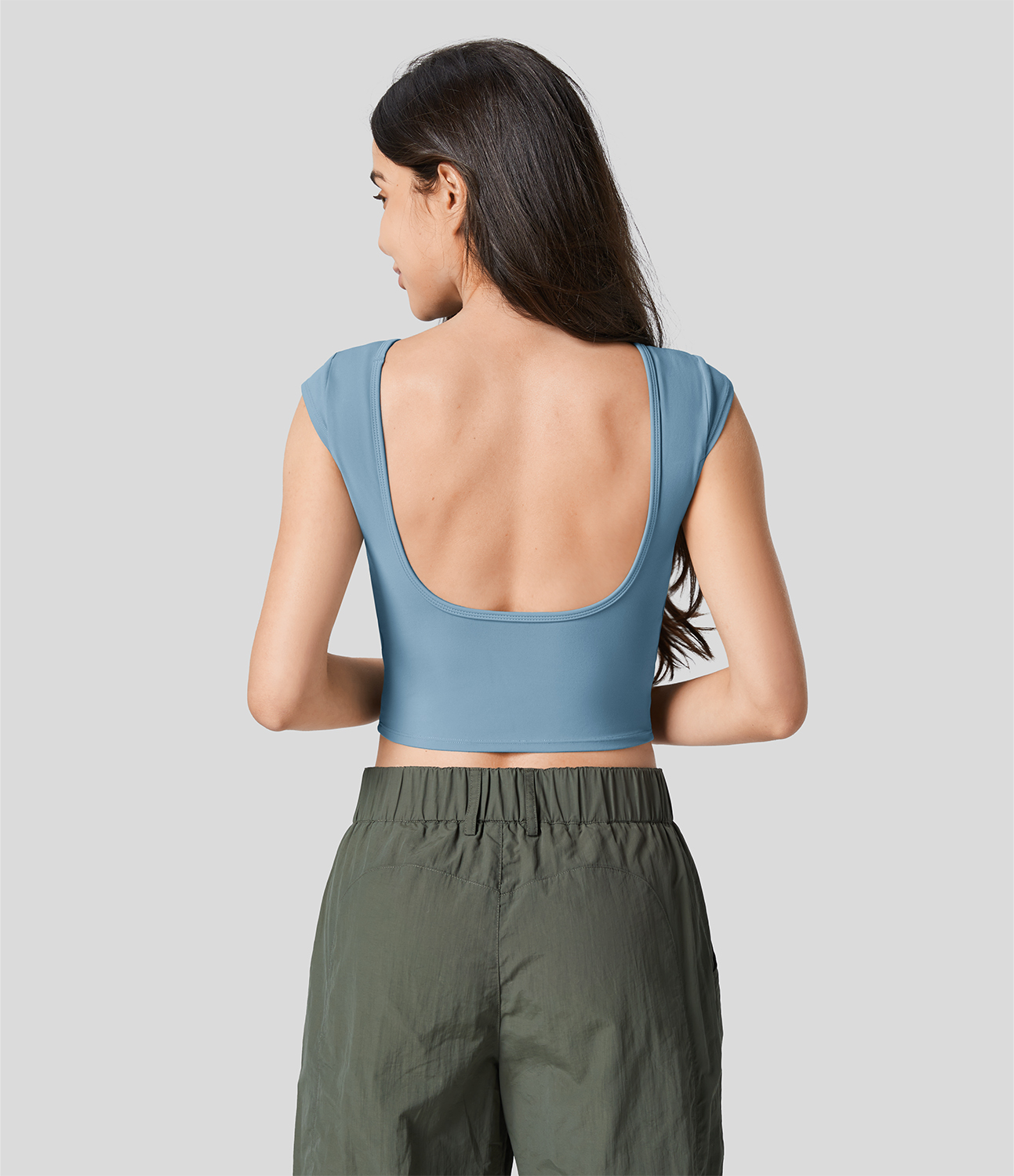 

Halara Softlyzeroв„ў Boat Neck Cap Sleeve Backless Cropped Casual T-Shirt-UPF50+ - Warm Mid Blue