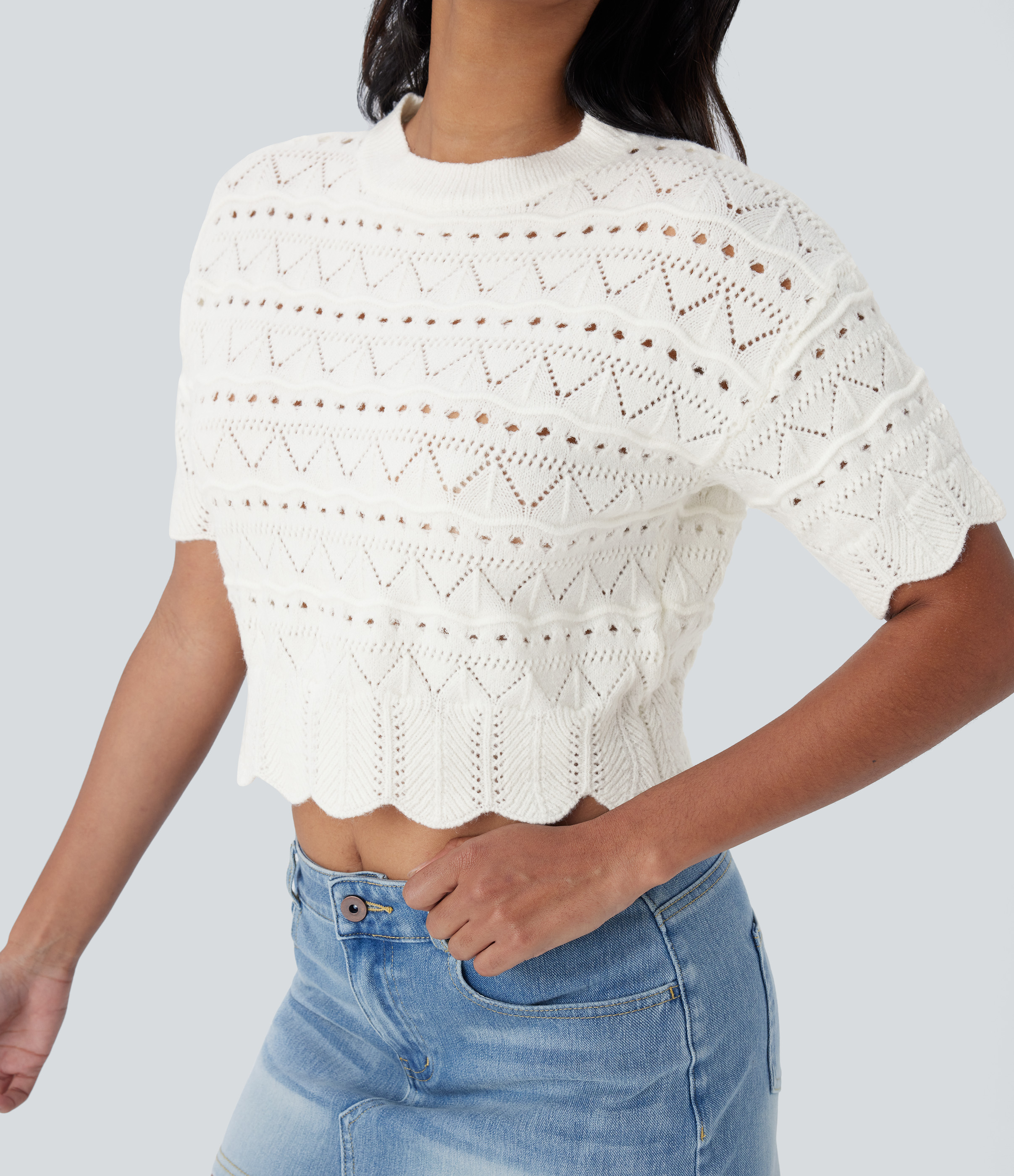 Halara Round Neck Short Sleeve Scallop Hem Open Knit Casual Sweater  - White - XL 