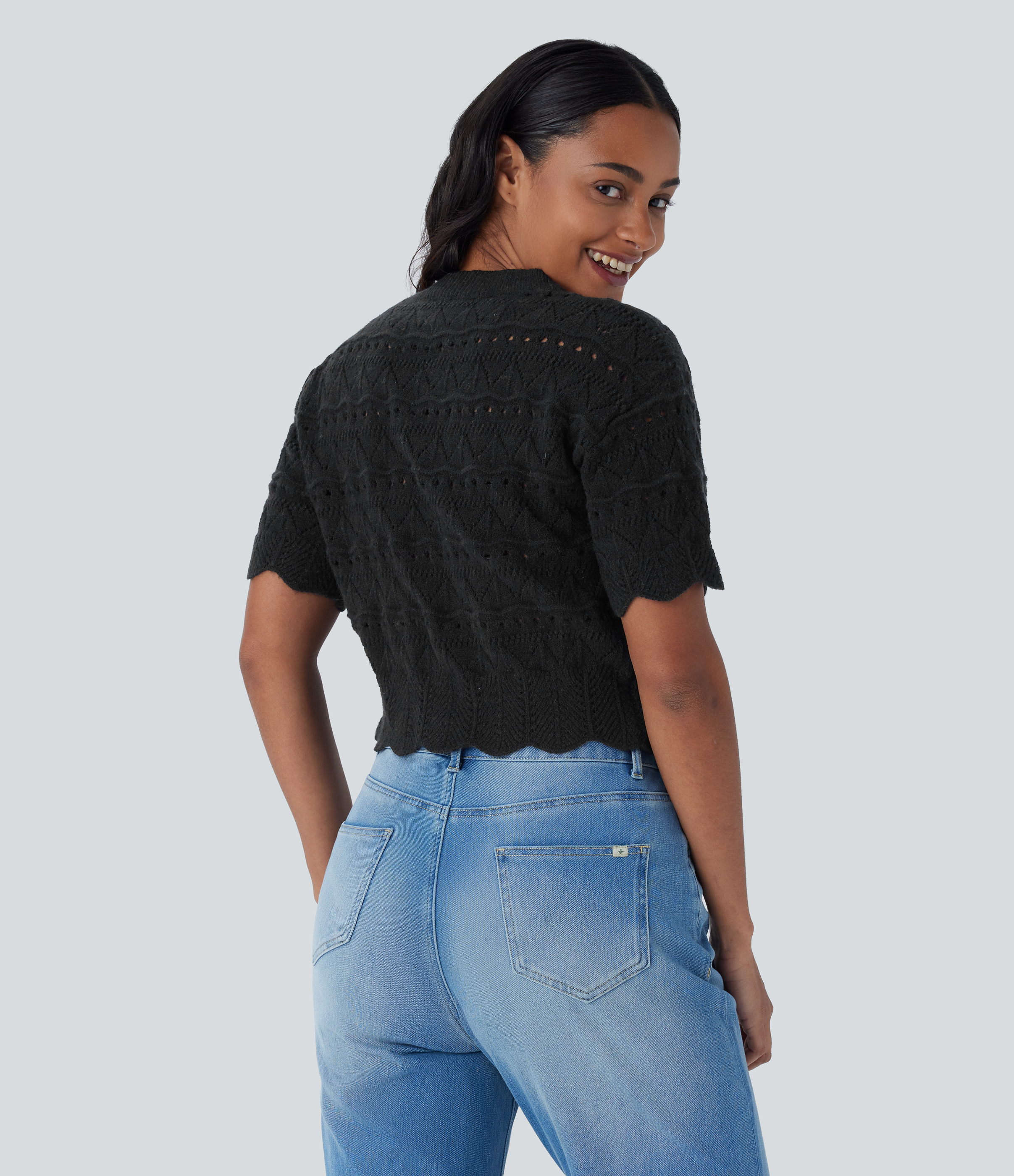 Halara Round Neck Short Sleeve Scallop Hem Open Knit Casual Sweater  - Black - M 