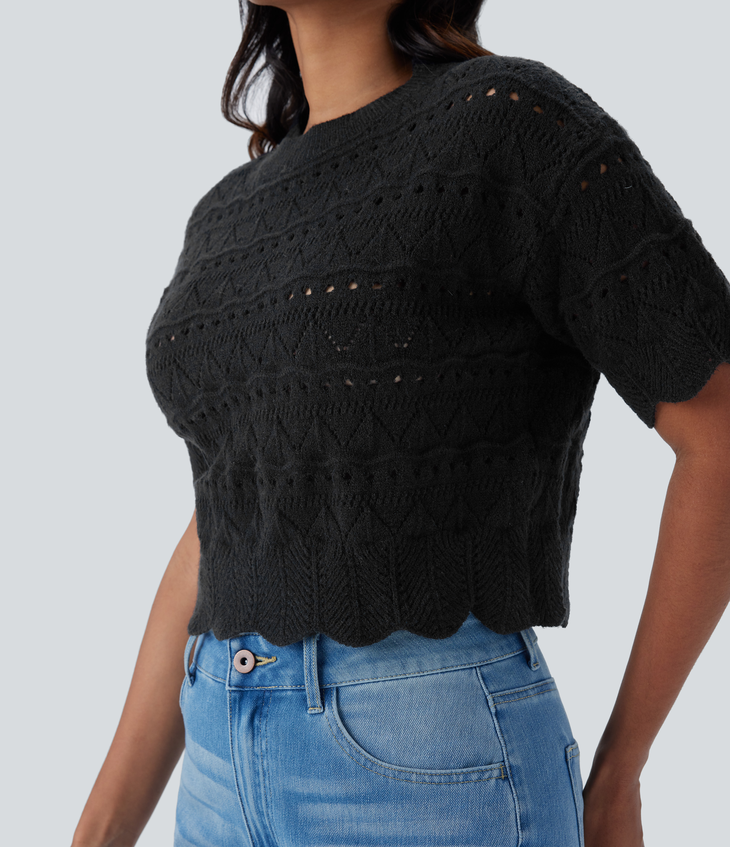 Halara Round Neck Short Sleeve Scallop Hem Open Knit Casual Sweater  - Black - M 