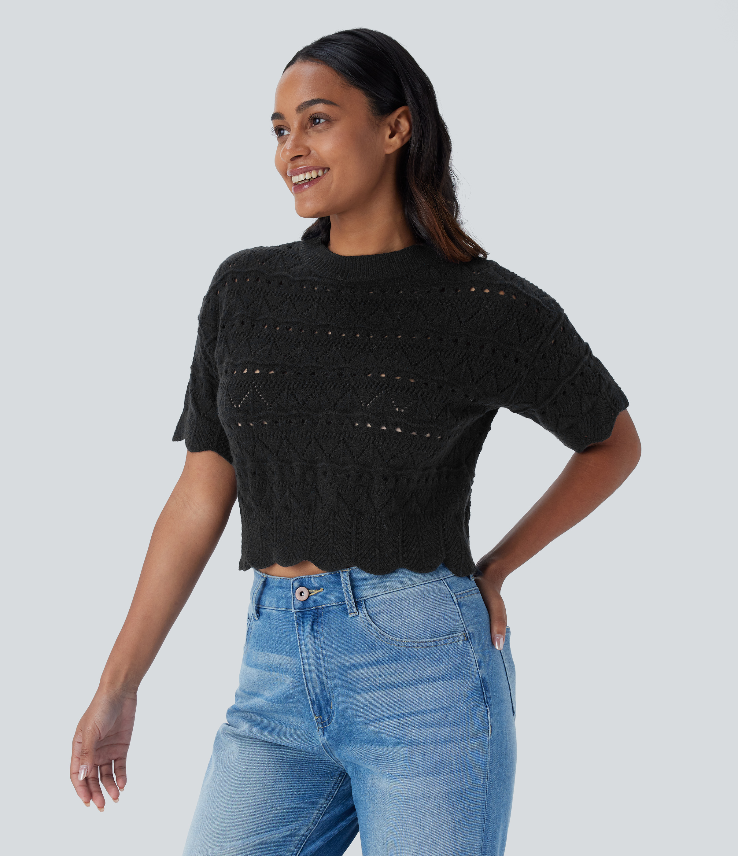 Halara Round Neck Short Sleeve Scallop Hem Open Knit Casual Sweater  - Black - M 