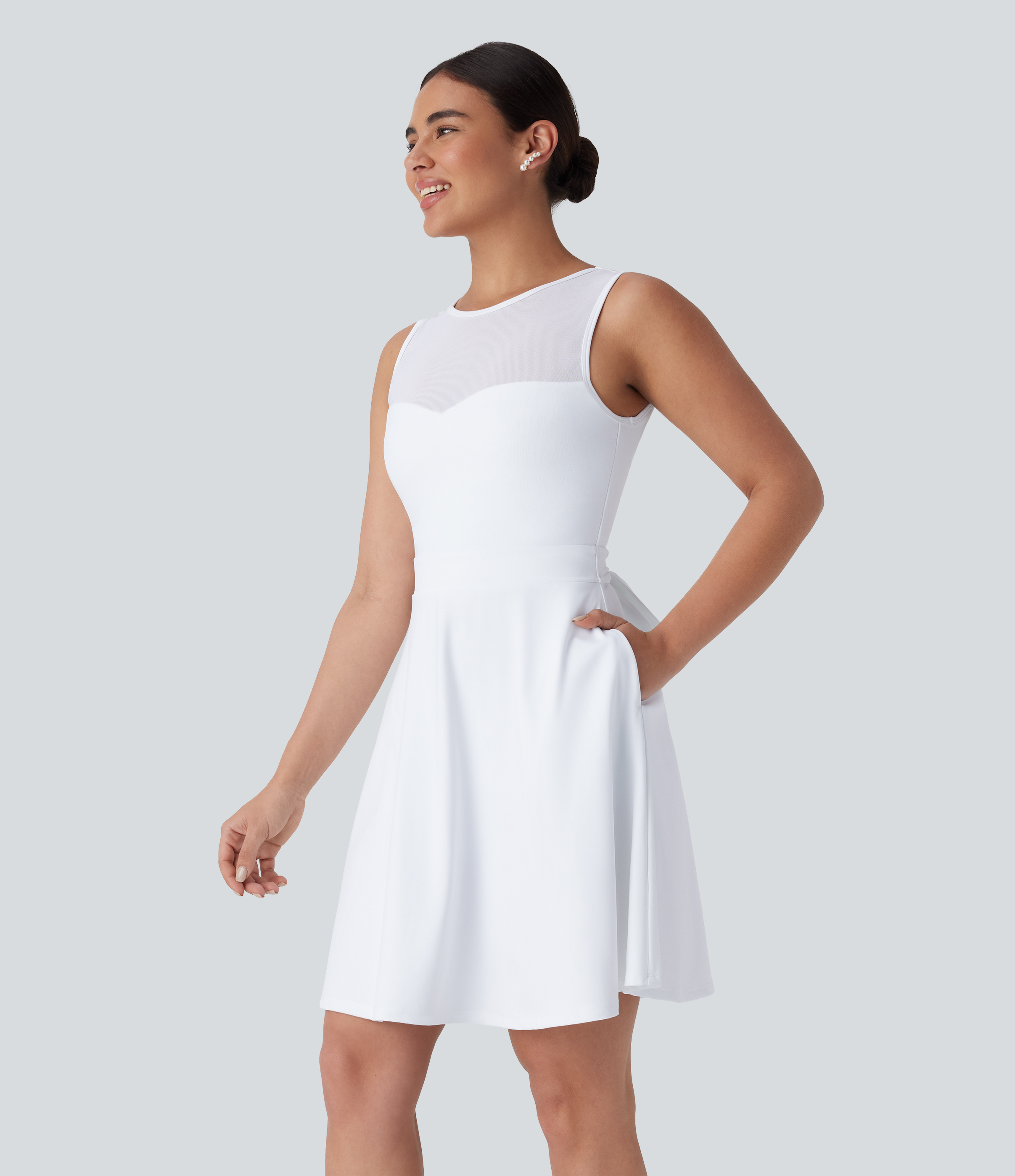 Halara Softlyzeroв„ў Airy Backless Contrast Mesh Tie Back Side Pocket Bridesmaid and Wedding Guest Dress Casual Dress - White - M slip dress 