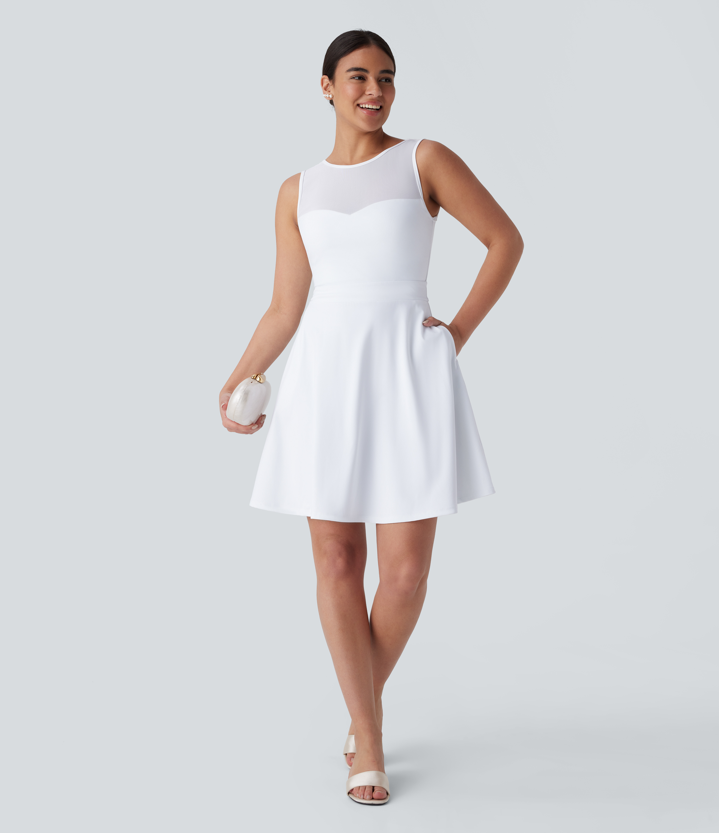 Halara Softlyzeroв„ў Airy Backless Contrast Mesh Tie Back Side Pocket Bridesmaid and Wedding Guest Dress Casual Dress - White - M slip dress 