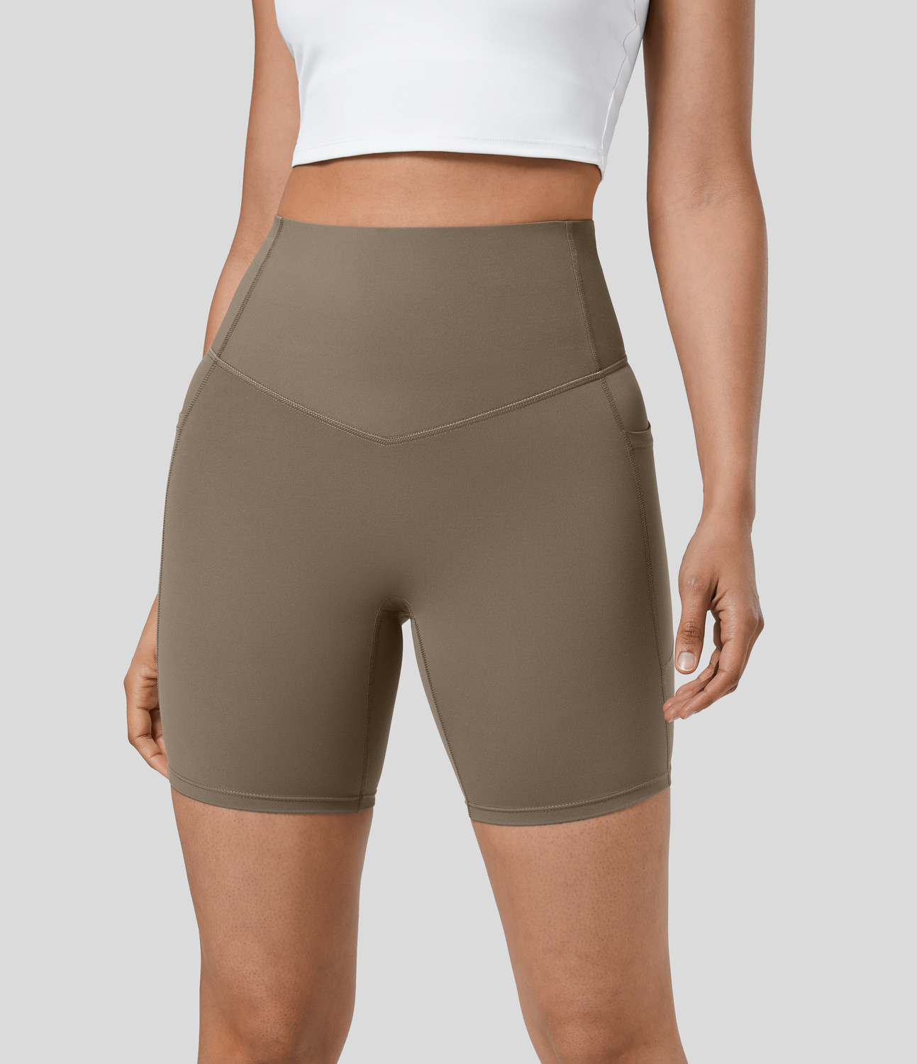 Halara SoCinched High Waisted Tummy Control Side Pocket Shaping Training Biker Shorts 7``  - Dawn Brown - L biker shorts women 