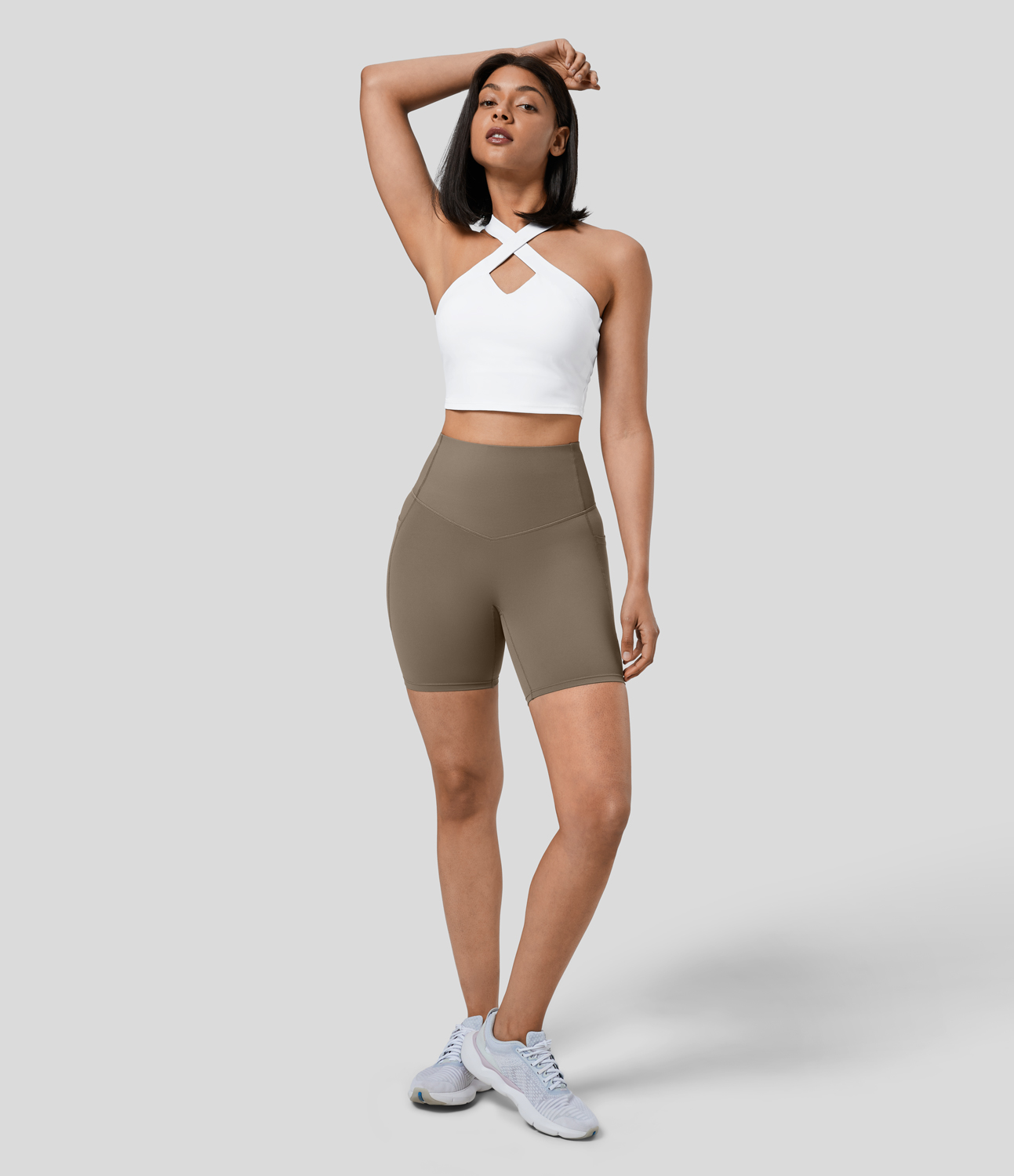Halara SoCinched High Waisted Tummy Control Side Pocket Shaping Training Biker Shorts 7``  - Dawn Brown - L biker shorts women 