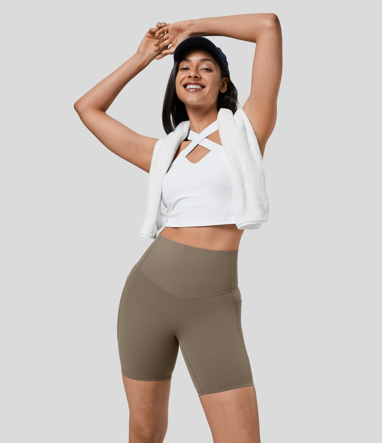 Halara SoCinched High Waisted Tummy Control Side Pocket Shaping Training Biker Shorts 7``  - Dawn Brown - L biker shorts women 
