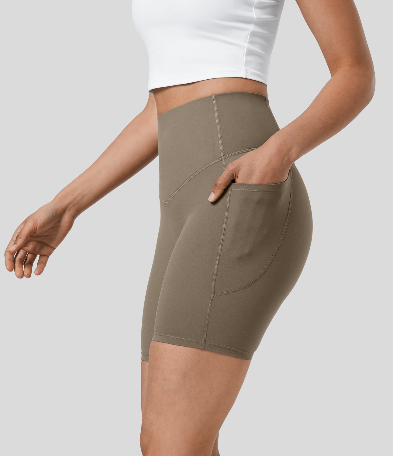 Halara SoCinched High Waisted Tummy Control Side Pocket Shaping Training Biker Shorts 7``  - Dawn Brown - L biker shorts women 