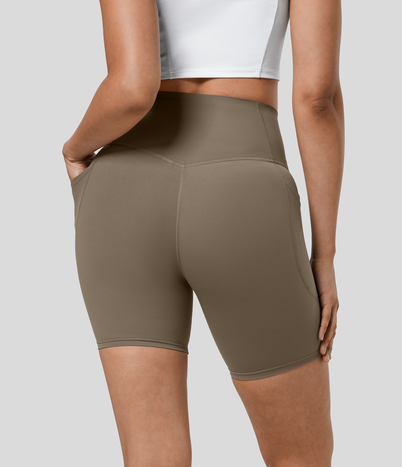 Halara SoCinched High Waisted Tummy Control Side Pocket Shaping Training Biker Shorts 7``  - Dawn Brown - L biker shorts women 