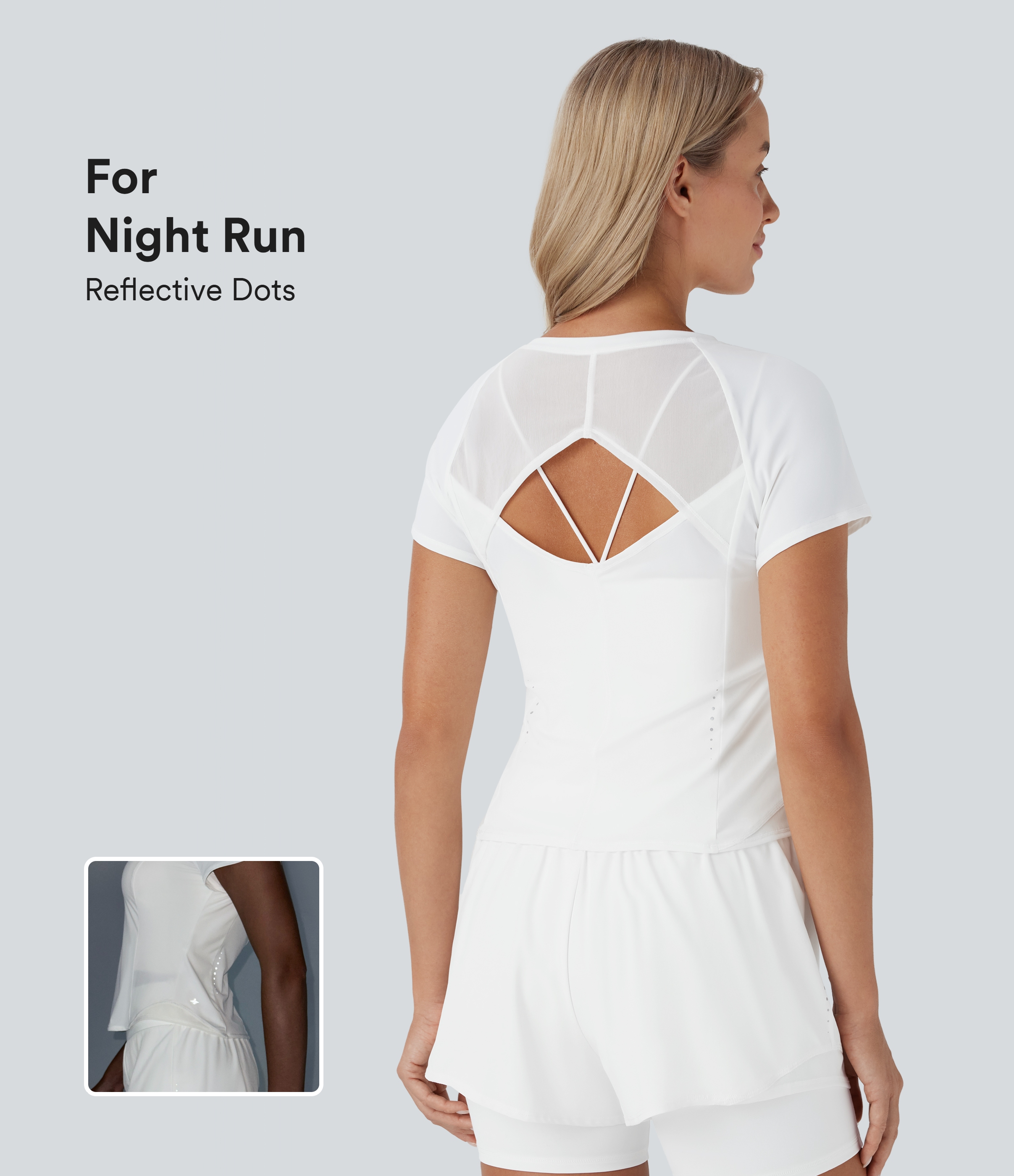 Weiß Reflektierendes Rundhals-Kurzarm-Sporttop mit Kontrastmasche, Ausschnitten und Cool-Touch-Technologie für schnelles Trocknen / 1
