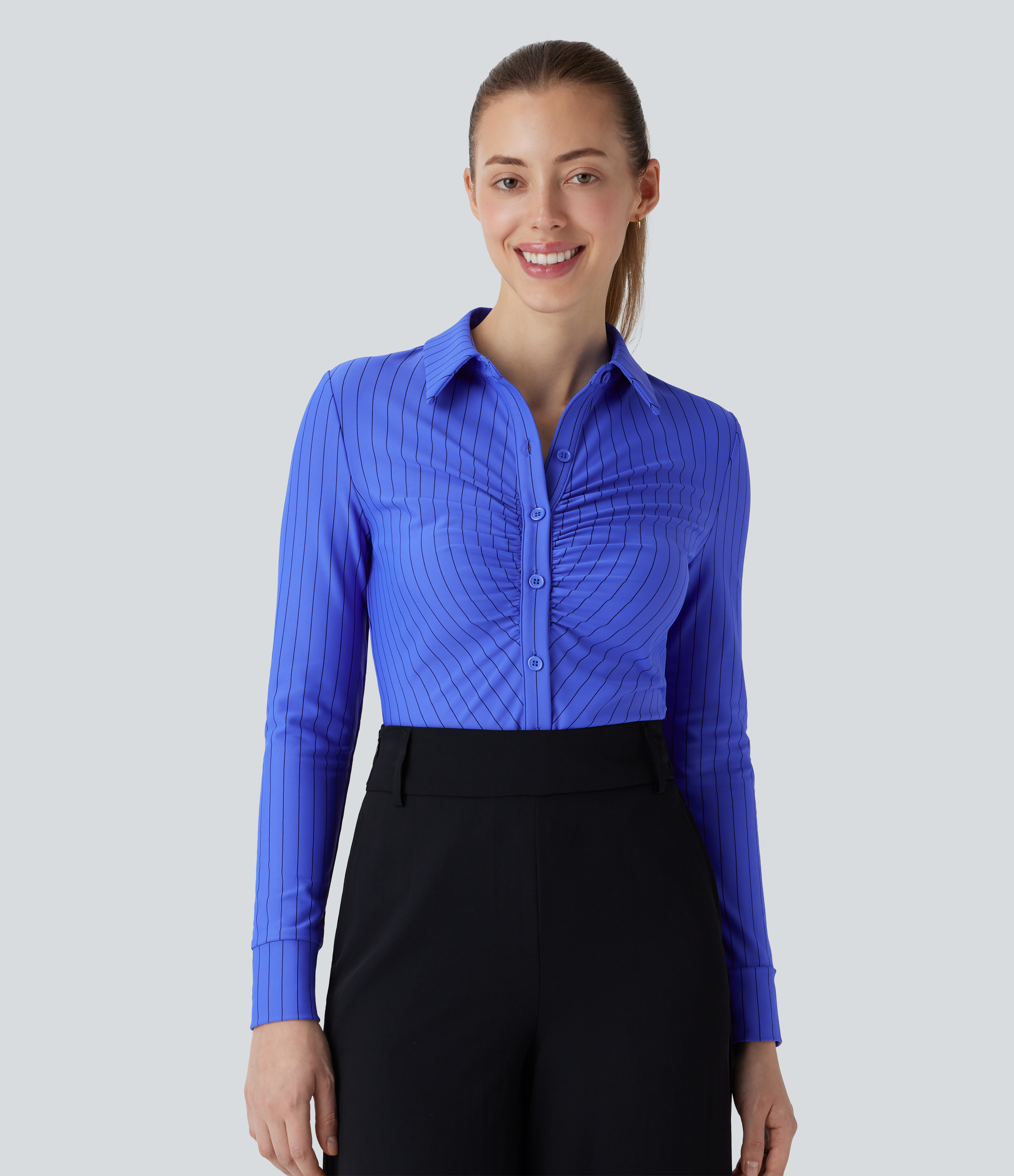 Halara Collared Button Ruched Long Sleeve Curved Hem Stripe Cool Touch Work Shirt  - Blue Black Pinstripe - XL 