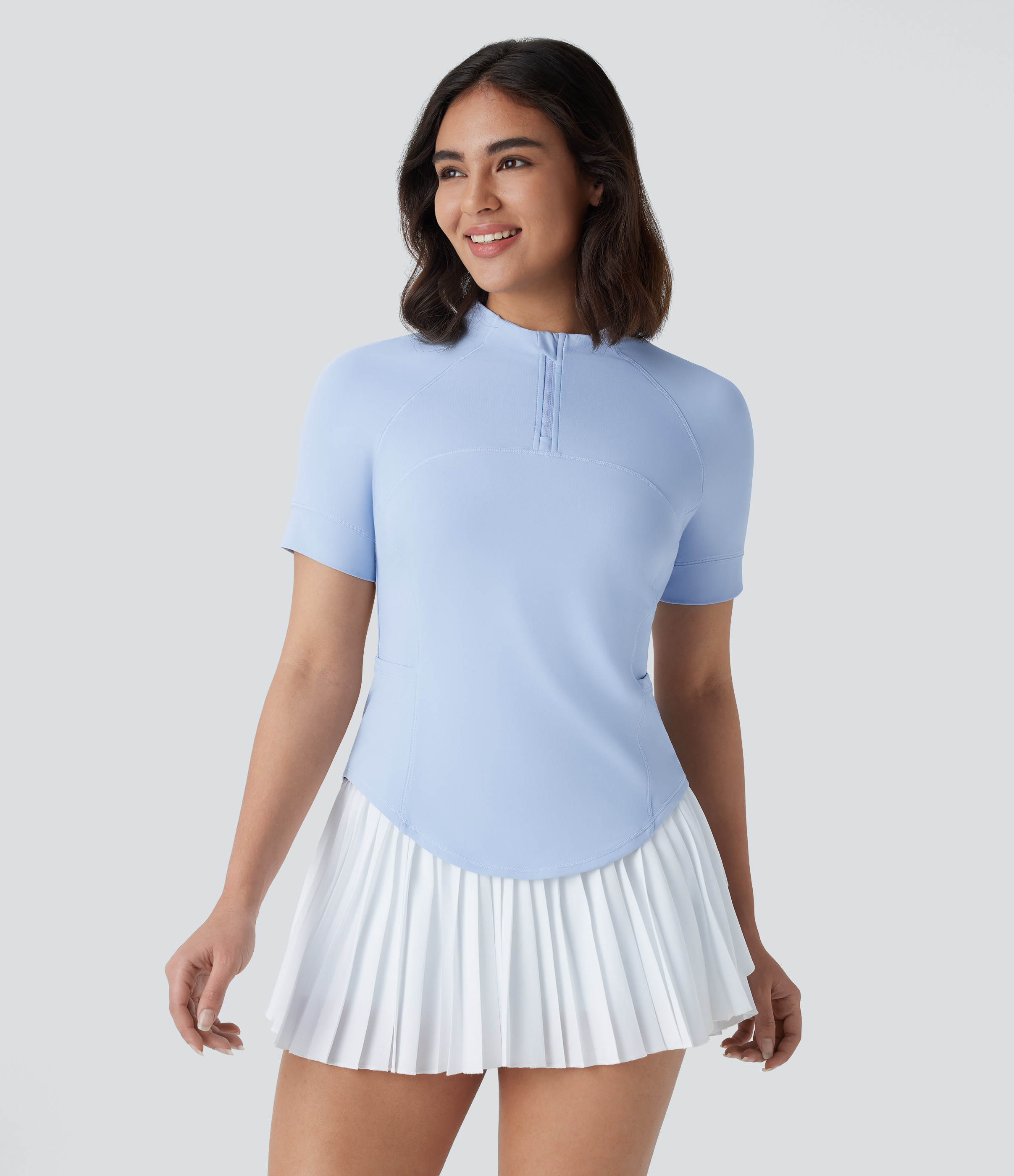 Halara Stand Collar Zipper Side Pocket Curved Hem Golf Sports Top  - Cool Ice Blue - XL 