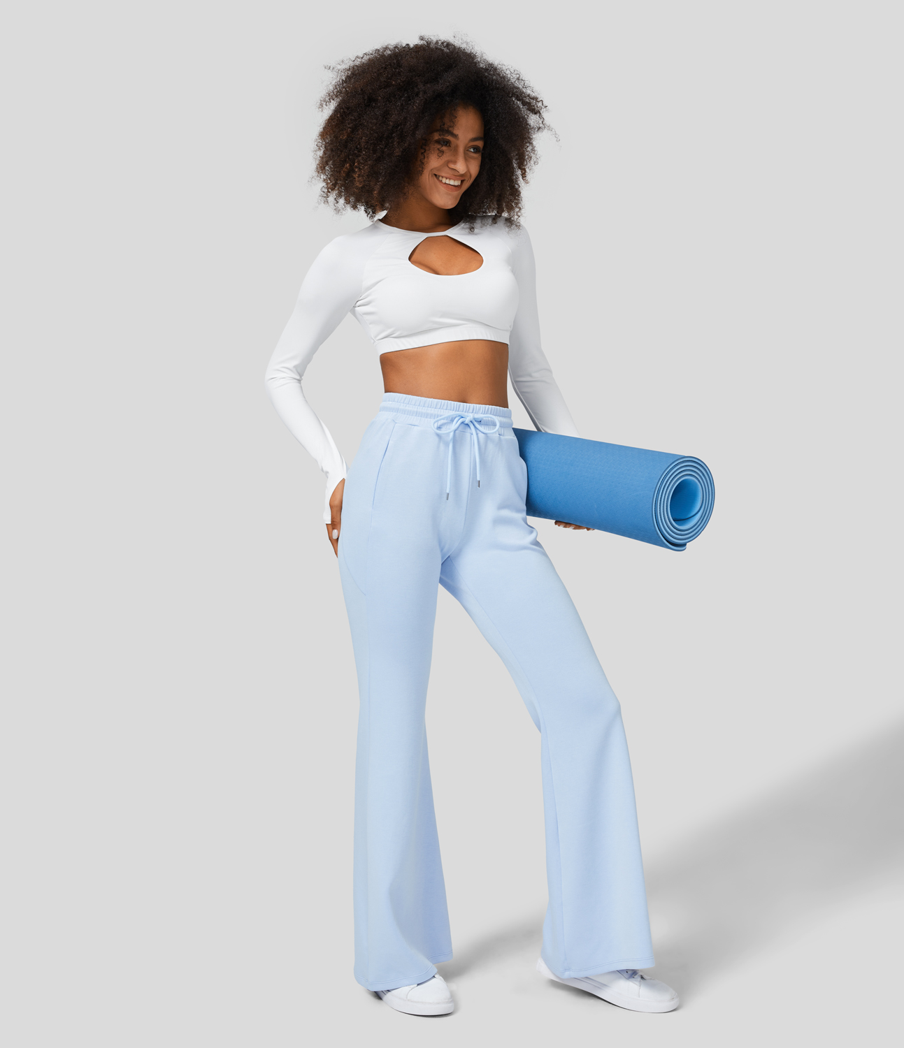 Halara High Waisted Drawstring Side Pocket Flare Yoga Pants  - Country Air - M 