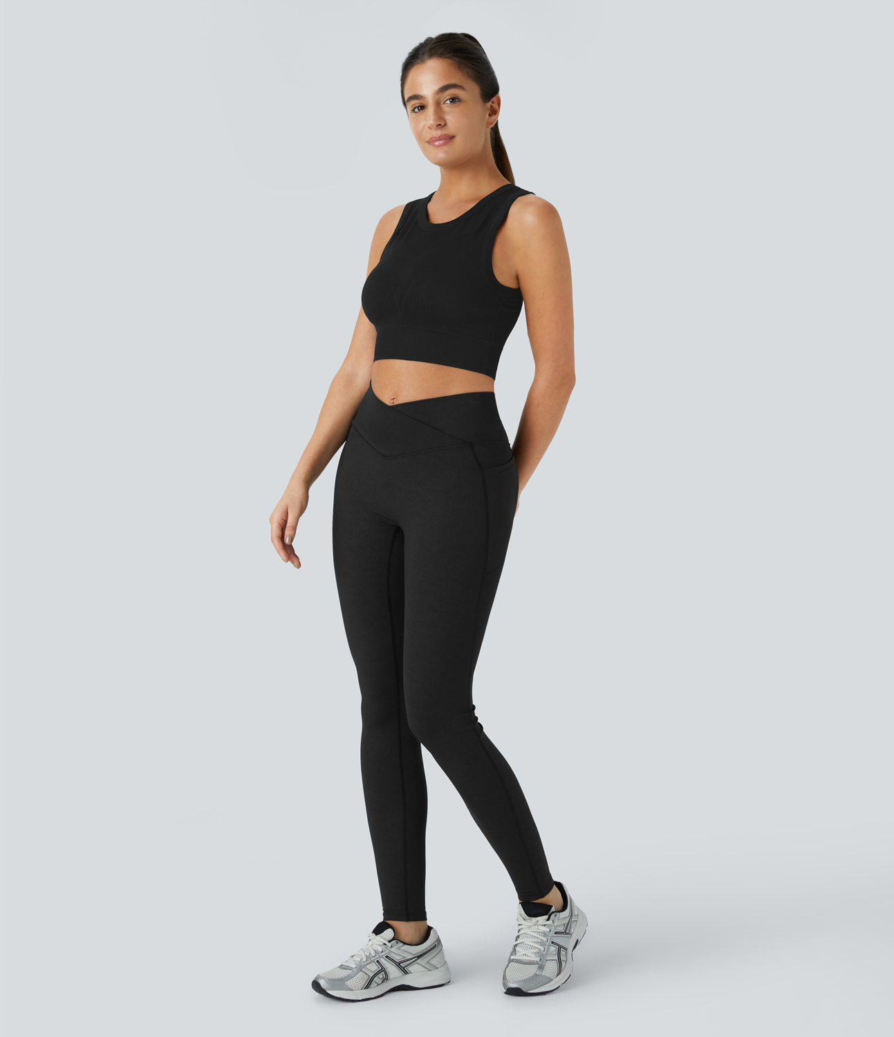 Halara Crossover Side Pocket Stretchy Denim Print Yoga Leggings  - Denim Black - M(7/8) gym leggings leggings with pockets 