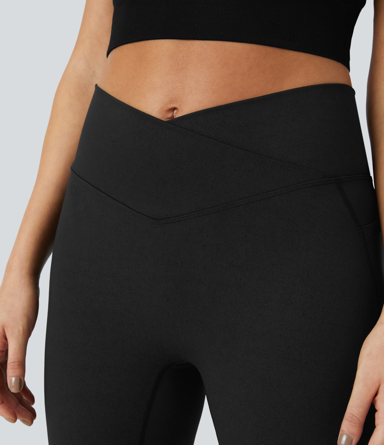 Halara Crossover Side Pocket Stretchy Denim Print Yoga Leggings  - Denim Black - M(7/8) gym leggings leggings with pockets 