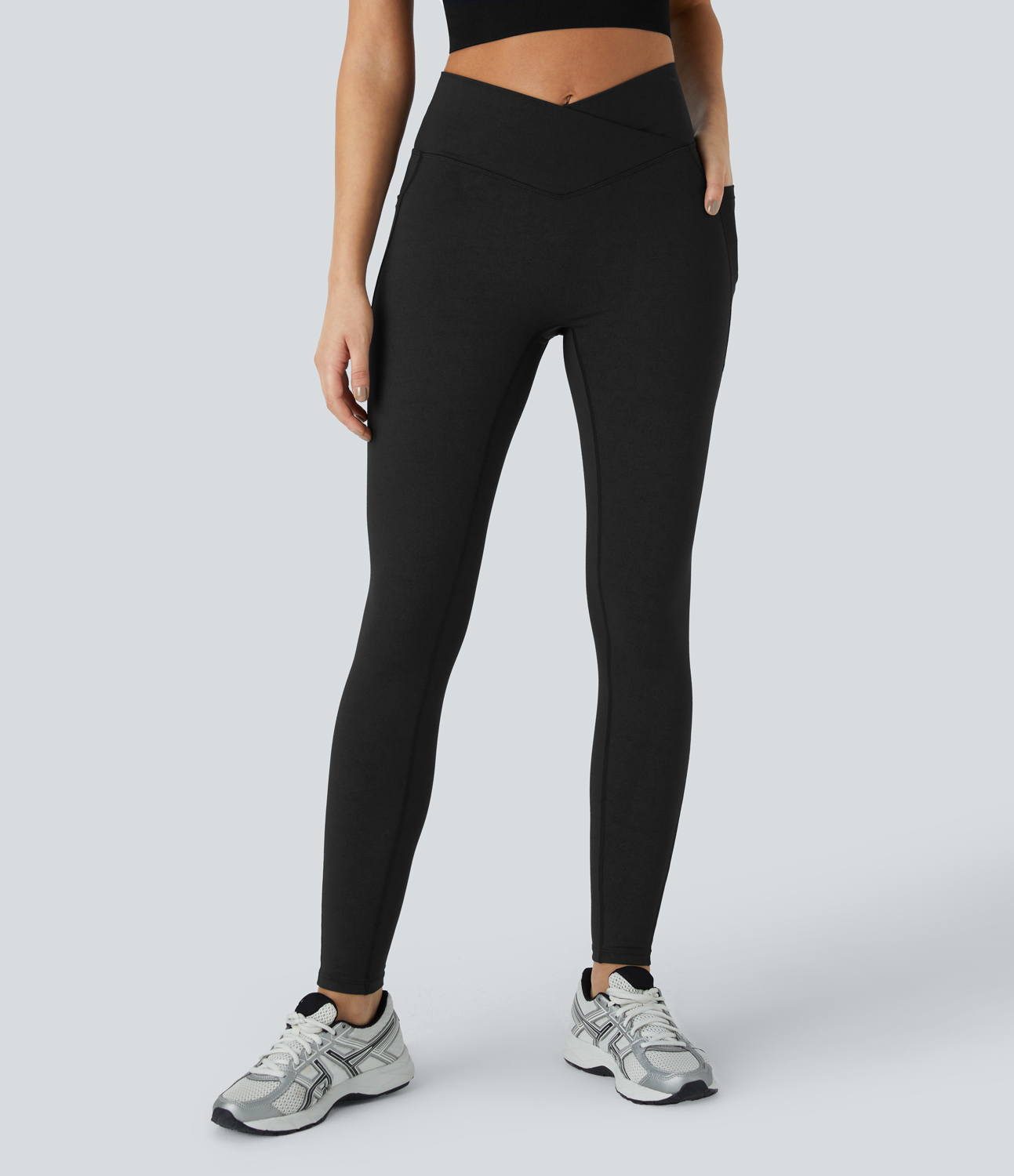 Halara Crossover Side Pocket Stretchy Denim Print Yoga Leggings  - Denim Black - M(7/8) gym leggings leggings with pockets 