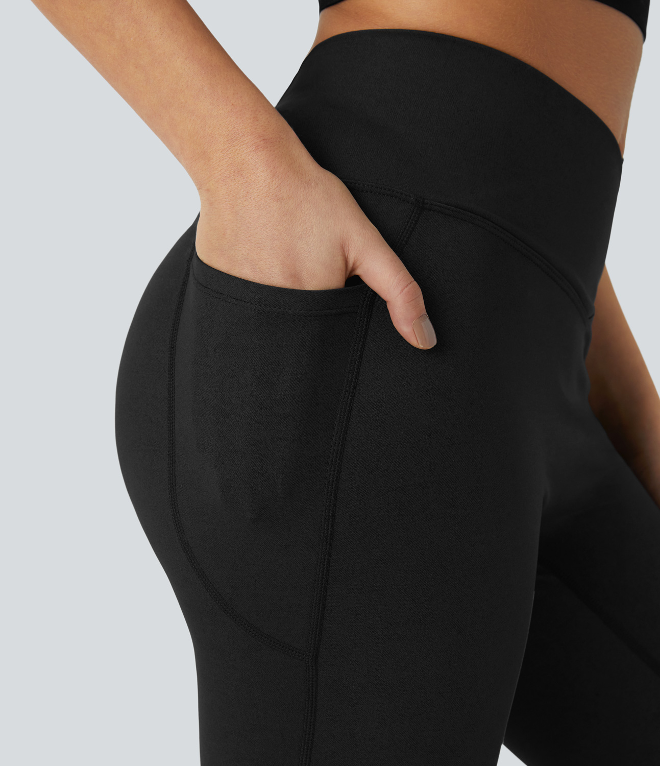 Halara Crossover Side Pocket Stretchy Denim Print Yoga Leggings  - Denim Black - M(7/8) gym leggings leggings with pockets 