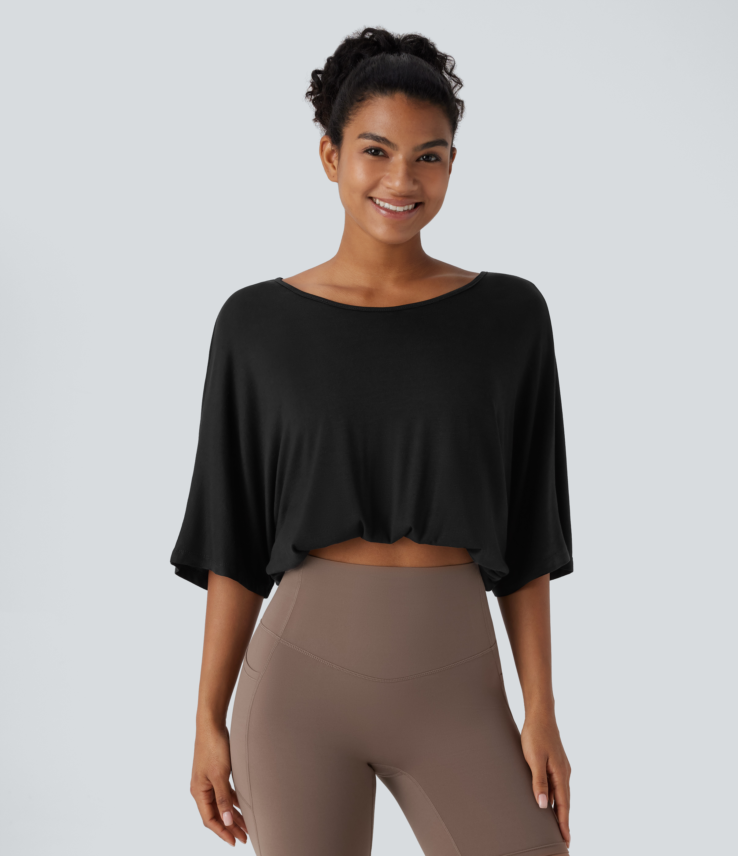 Halara Boat Neck Backless 3/4 Sleeve Cropped Casual Top Tank Top - Black - XS golf tops halter top tunic tops sleeveless tops backless top 