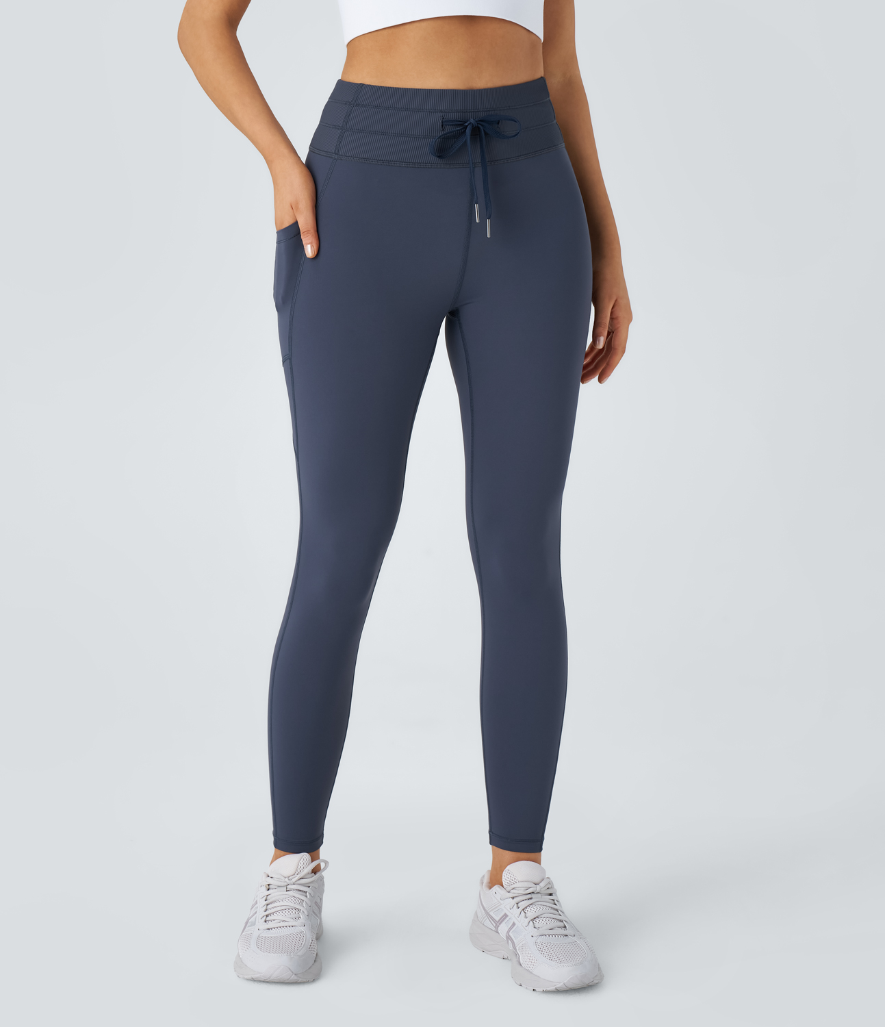 Halara UltraSculpt Reflective Ribbed High Waisted Drawstring Side Pocket Running 7/8 Leggings  - Mood Indigo - M(7/8) gym leggings 