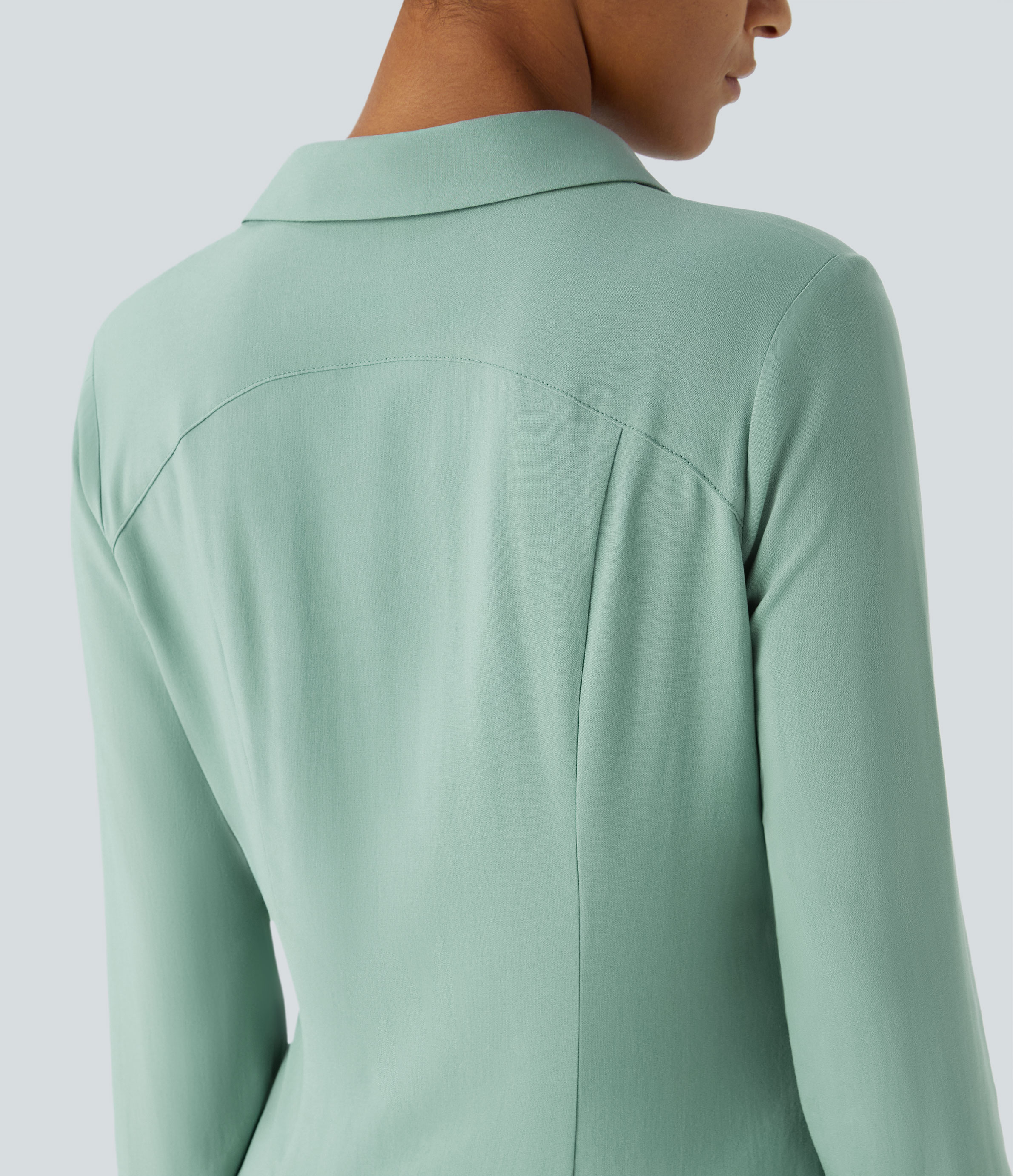Halara V Neck Long Sleeve Button Slim Casual Shirt  - Smoky Cyan - XS 