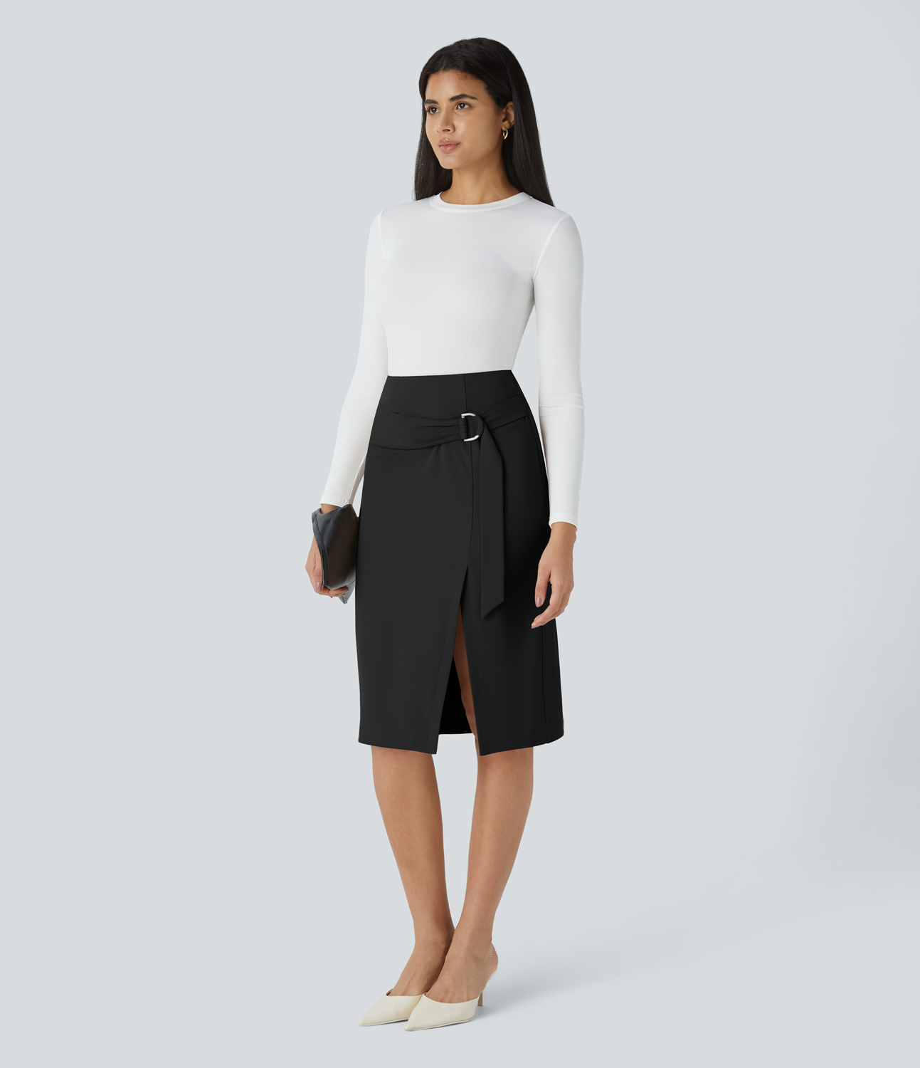 Halara High Waisted Belted Side Pocket Invisible Zipper Split Midi Work Pencil Skirt  - Black - XS(regular) 
