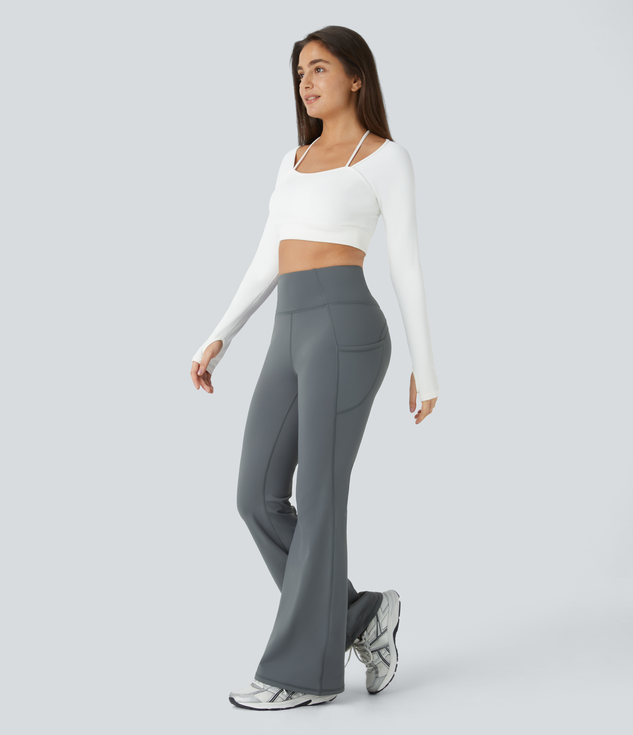 Halara High Waisted Side Pocket Thermal Yoga Flare Pants  - Blue Tile Gray - XS(regular) 