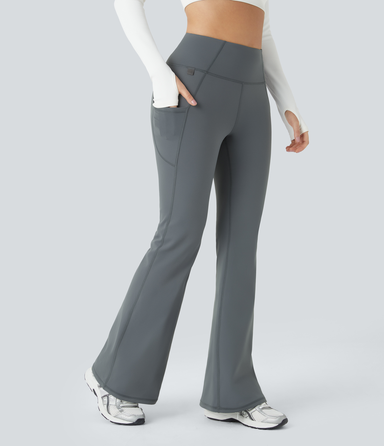 Halara High Waisted Side Pocket Thermal Yoga Flare Pants  - Blue Tile Gray - XS(regular) 