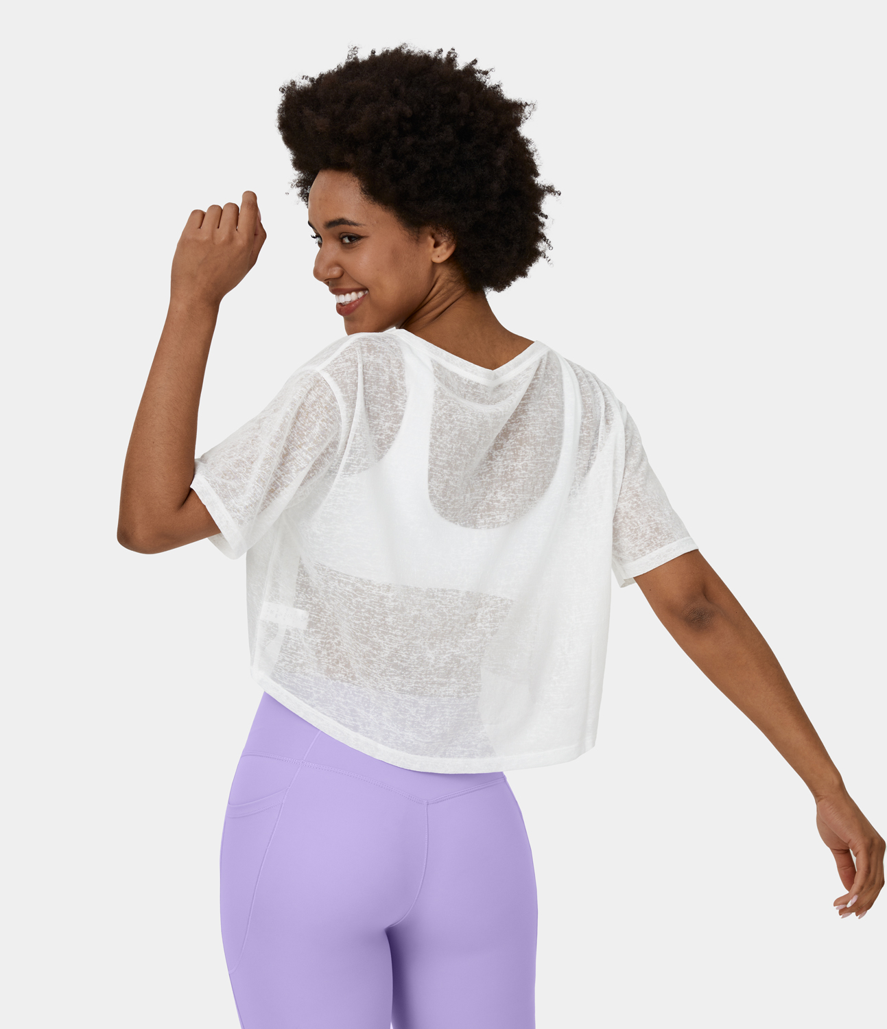 Halara Short Sleeve Cropped Sheer Casual Top Tank Top - White - M golf tops halter top tunic tops sleeveless tops backless top 