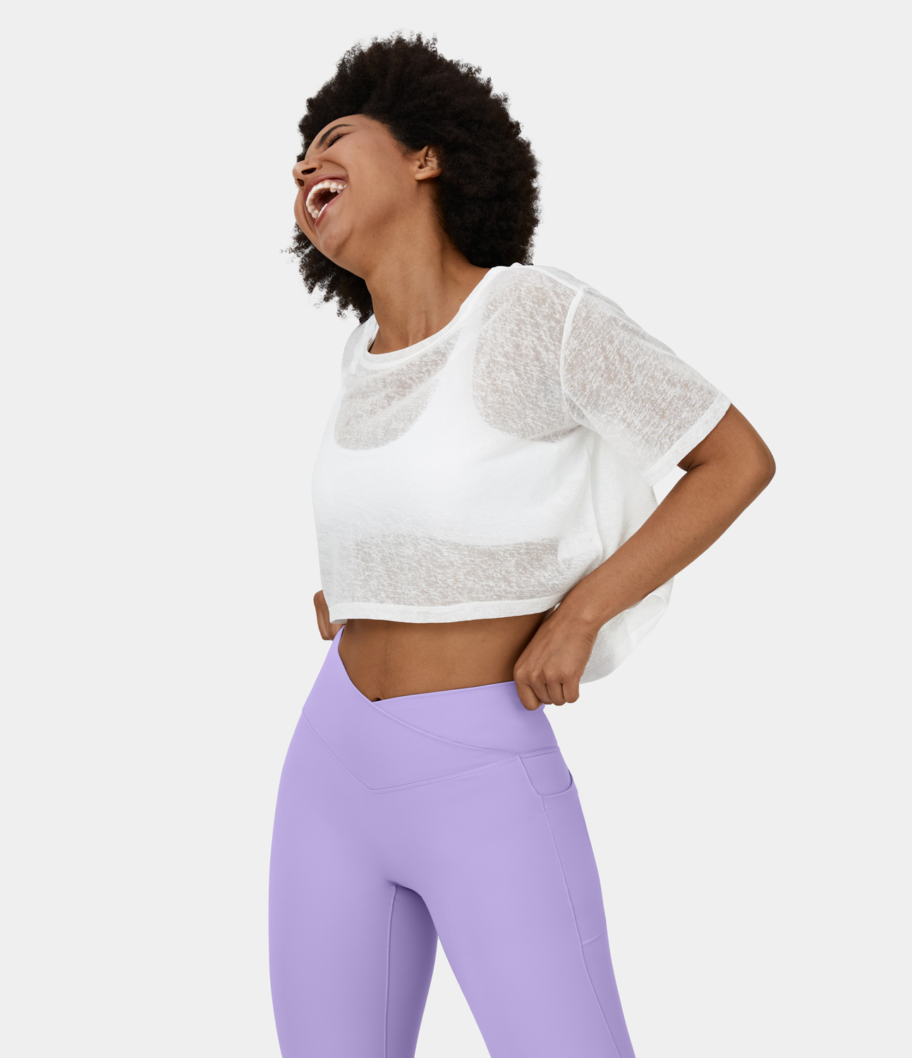 Halara Short Sleeve Cropped Sheer Casual Top Tank Top - White - M golf tops halter top tunic tops sleeveless tops backless top 