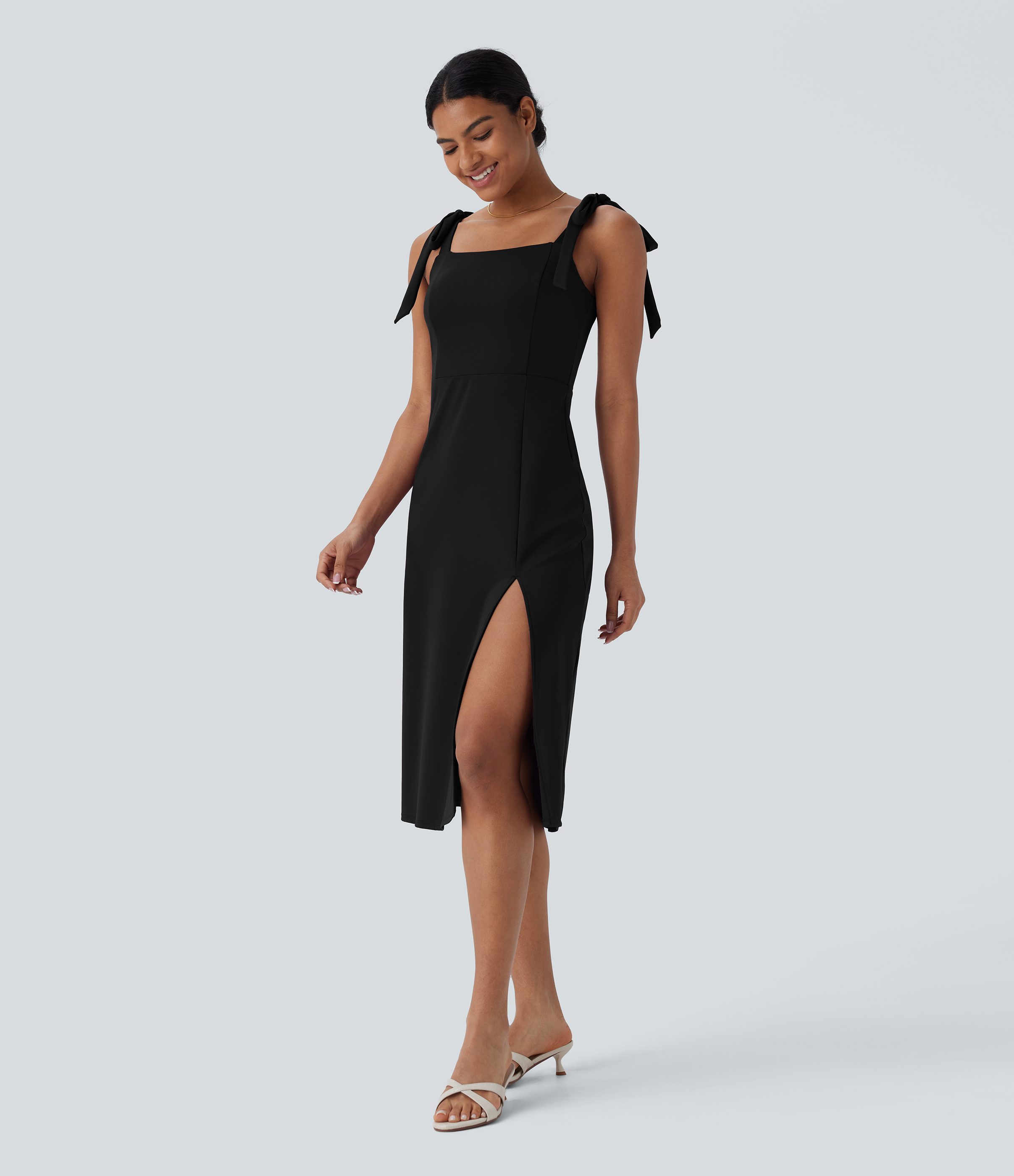 Halara Softlyzeroв„ў Airy Square Neck Tie Side Backless Split Cool Touch Midi Casual Dress Casual Dress - Black - XL slip dress beach dress 