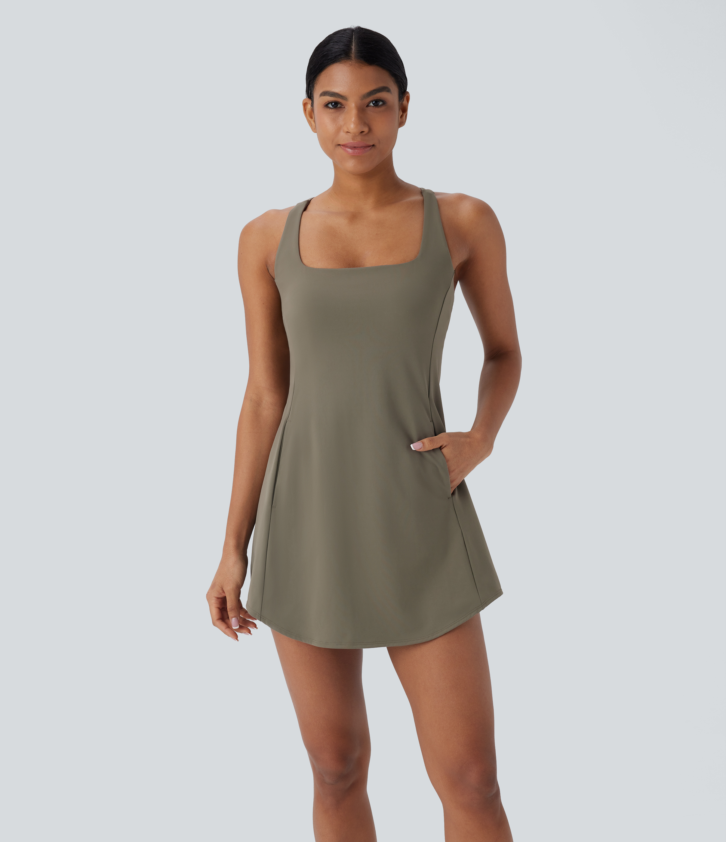 Halara Softlyzeroв„ў Plush Backless Crisscross Cut Out Side Pocket 2-Piece Mini Yoga Active Dress Workout Dress - Grass Grey Green - XL 