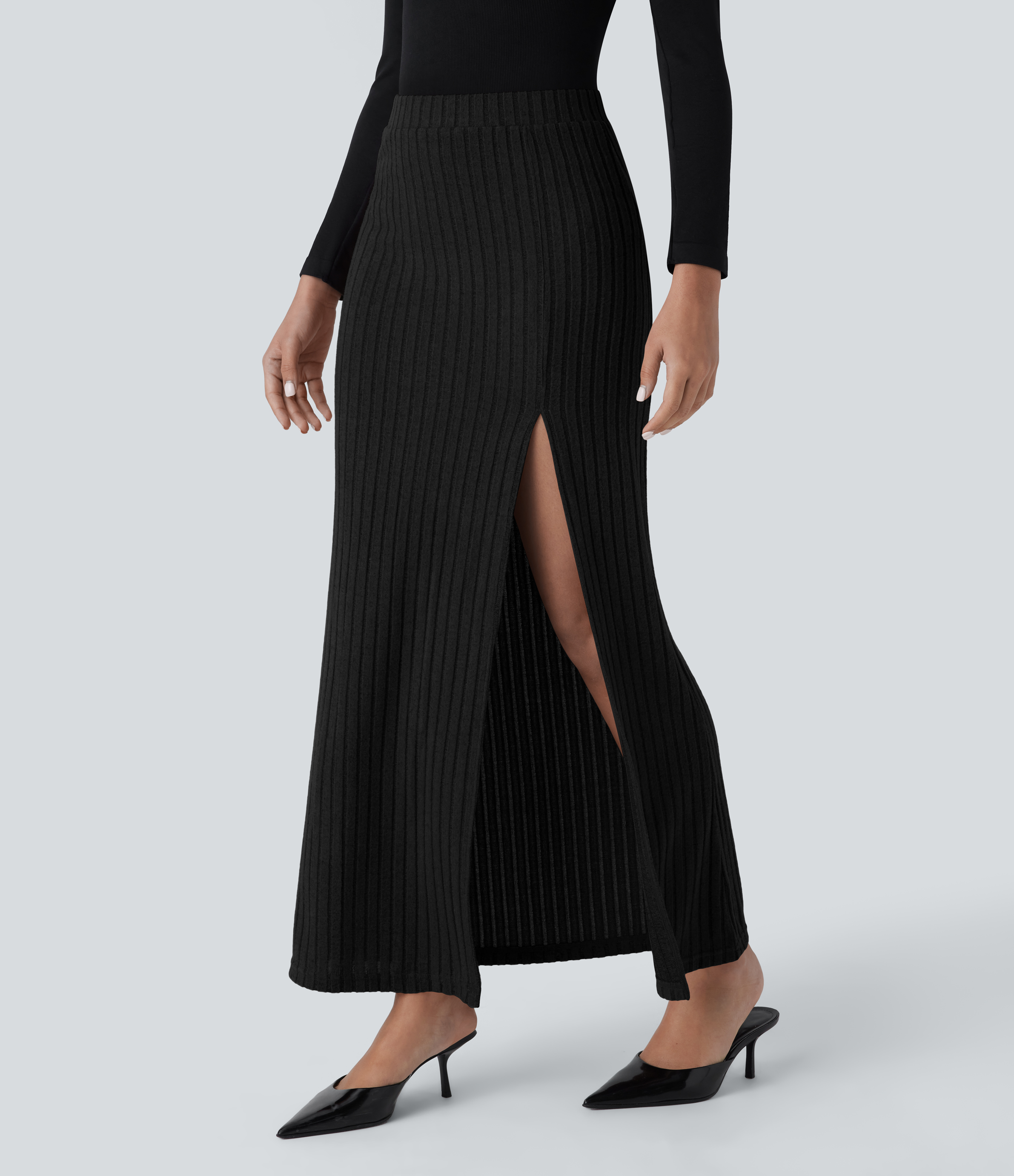 Halara Ribbed Knit Mid Rise Split Maxi Casual Skirt  - Black - L(regular) 