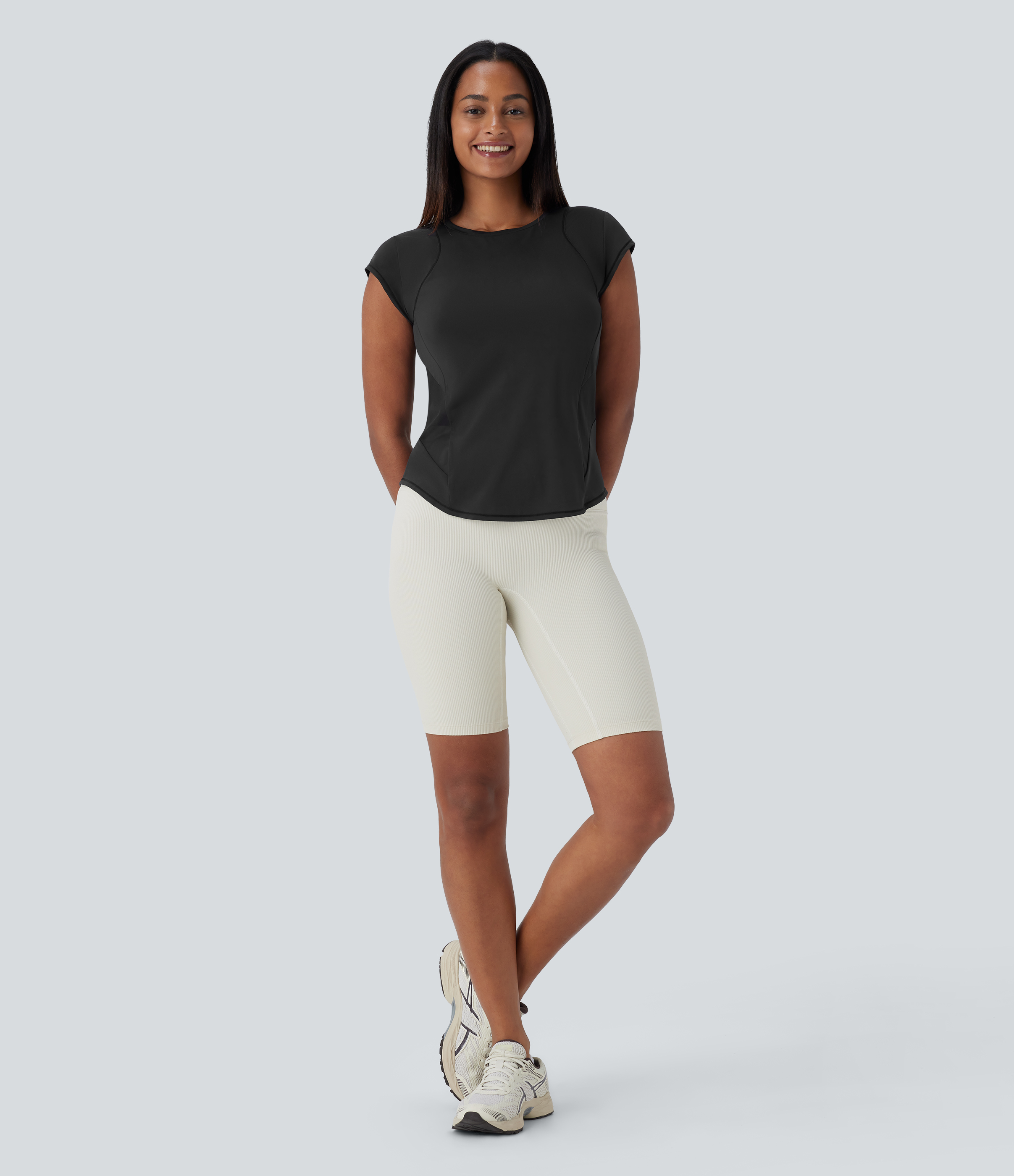 Halara Round Neck Short Sleeve Curved Hem Contrast Mesh Quick Dry Running Sports Top  - Black - S 