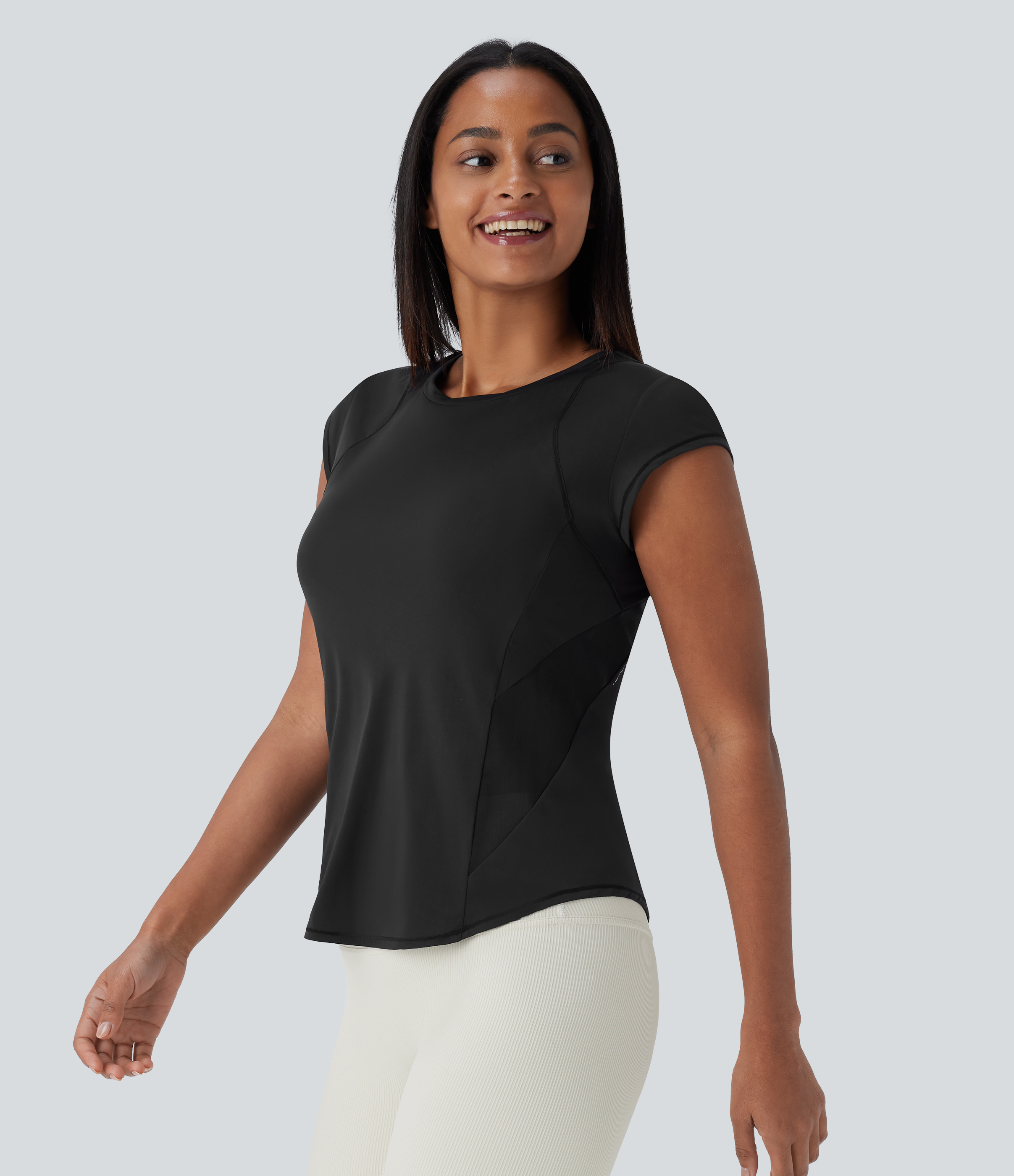 Halara Round Neck Short Sleeve Curved Hem Contrast Mesh Quick Dry Running Sports Top  - Black - S 